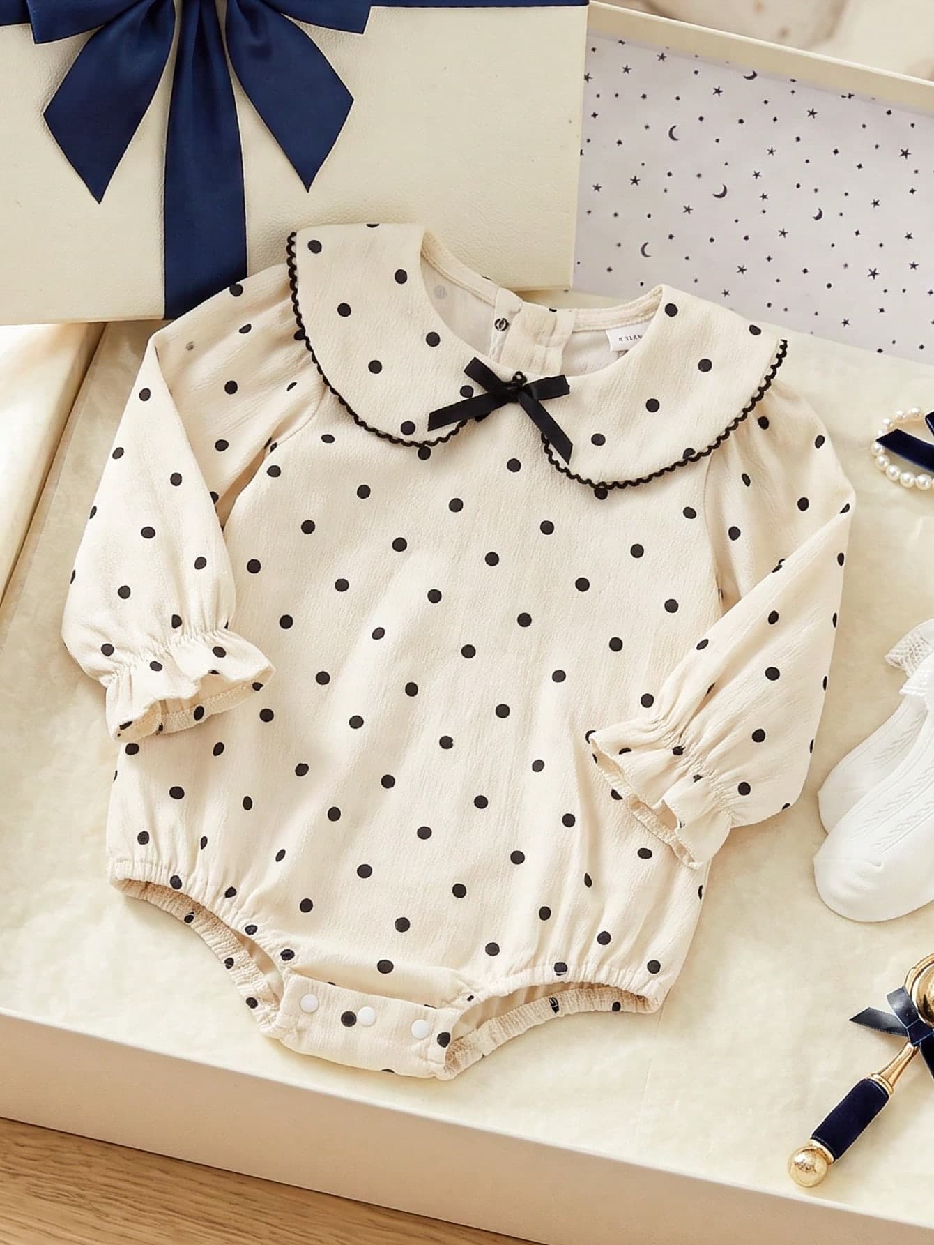 Souflis Souflis Infant Girl Pastoral Polka Dot Doll Large Collar Bow Tie Cute Ruffle Elastic Cuff Long Sleeve Romper Autumn