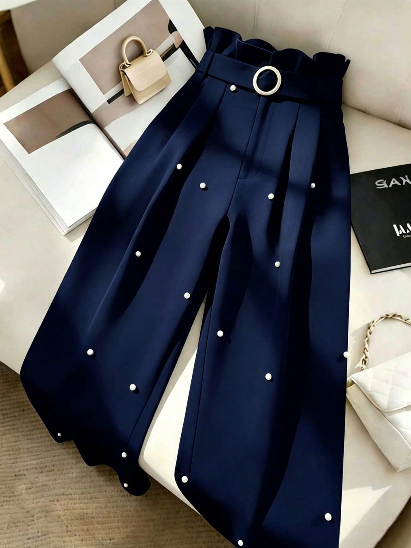 GlowEve CURVE Women's Plus Size Casual Versatile Long Pants With Ruffle Detail, Spring/Summer New High Waist Slim Straight Black Pants With Pearl Embellishment
