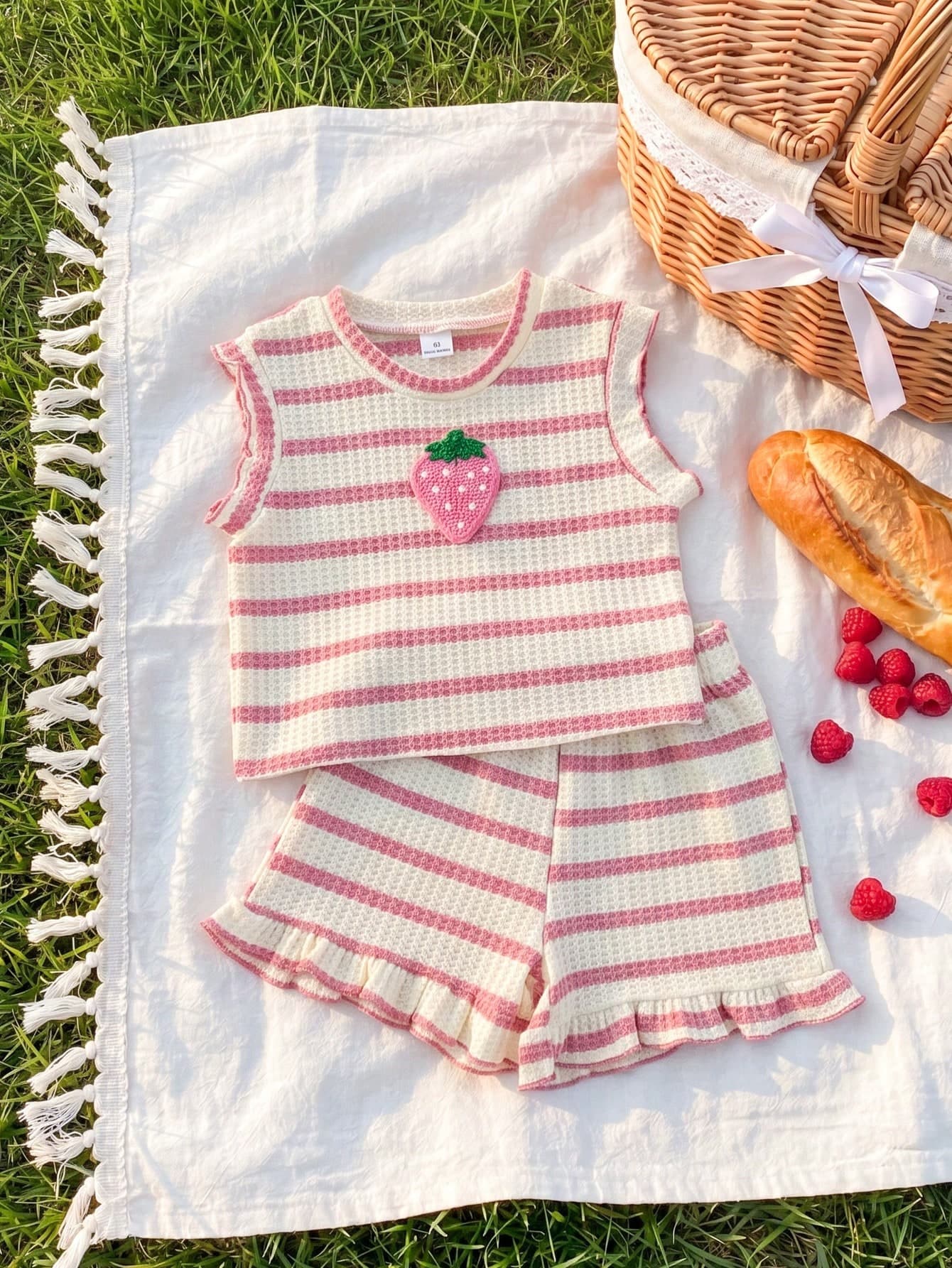 SHEIN Playful Pals 2pcs/Set Young Girls' Apricot & Pink Striped Knit Jacquard Fabric Round Neck Cap Sleeve Sleeveless Tank Top + Elastic Waist Ruffle Hem Shorts, Casual Cute Sweet Elegant Fashion Korean Style Outfit, Suitable For Summer Daily Wear, Travel, Vacation, School, Shopping, Party And Other Occasions