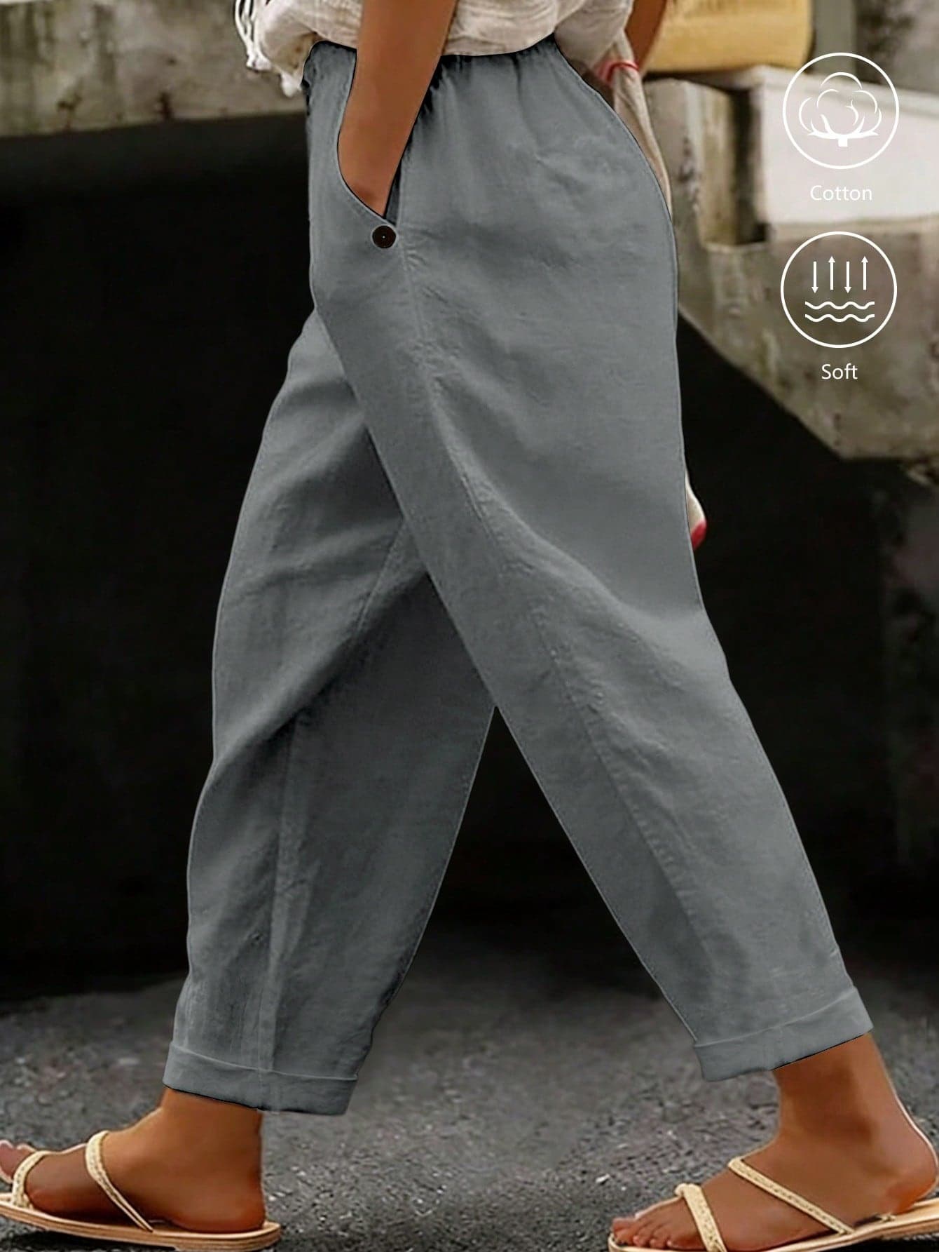 EMERY ROSE Plus Size Women's Casual Pure Cotton Solid Color Long Pants With Pockets And Button Closure
