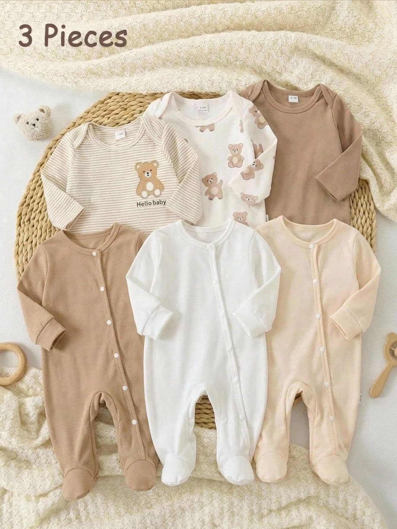 SHEIN Vintaside Kids 3 Pieces Set Newborn Baby Jumpsuit, Infant Boys & Girls Long Sleeve Footed Crawler Suit, Home Wear