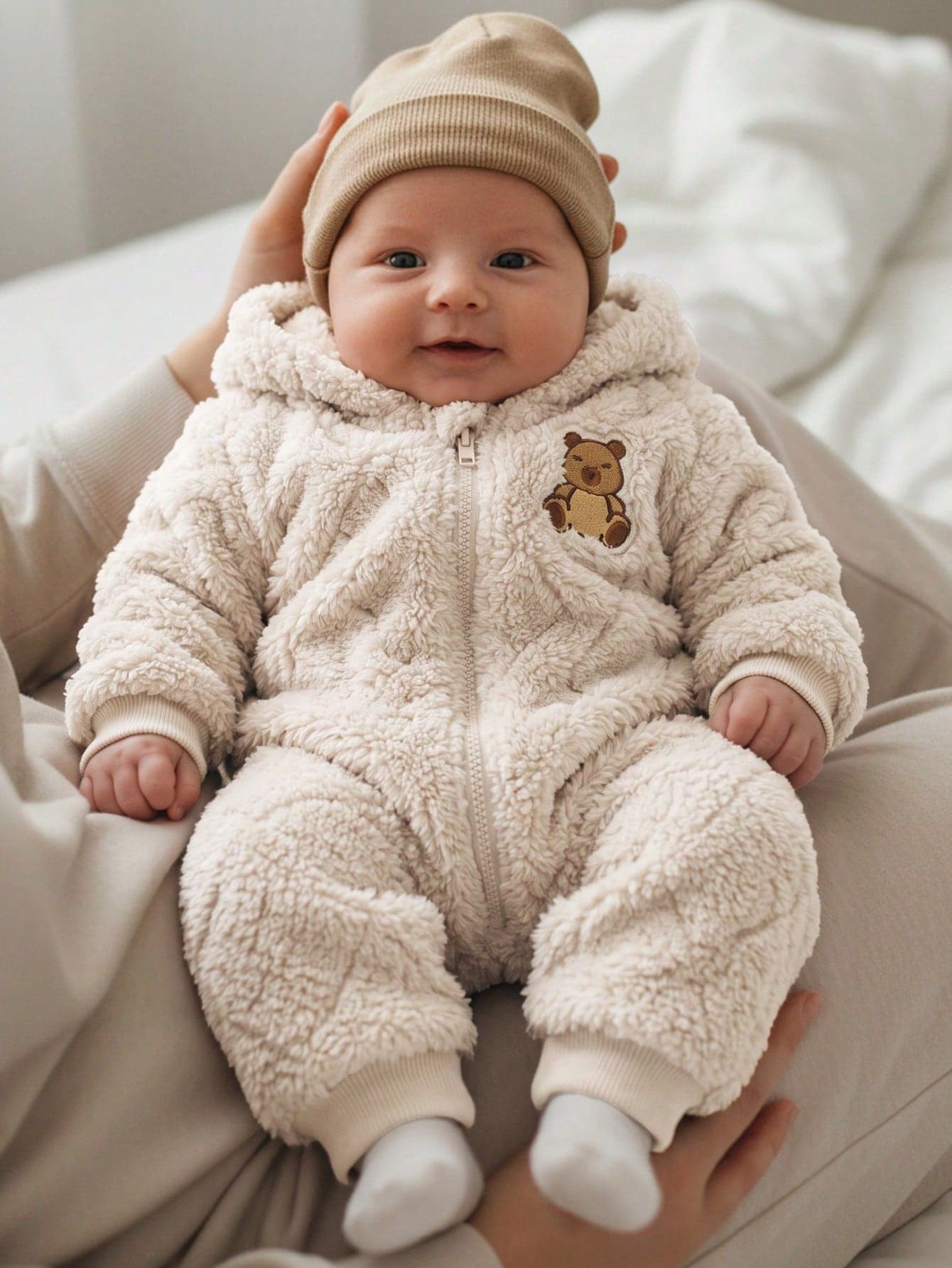 Cozy Pixies Newborn Baby Girl Cartoon Bear Pattern Thermal Lined Thick Hooded Long Sleeve One-Piece Autumn Winter Jumpsuit