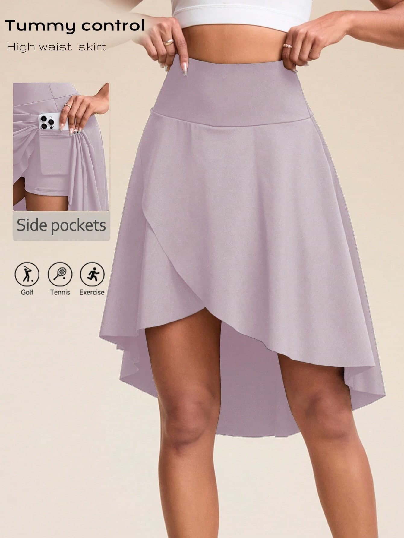 Eassivo Eassivo Women's High Waist Skort Long Length Anti-Exposure Split Hem Asymmetrical Inner Leggings With Pockets Tennis Golf Mid-Length Skirt Sports Casual Versatile Essential
