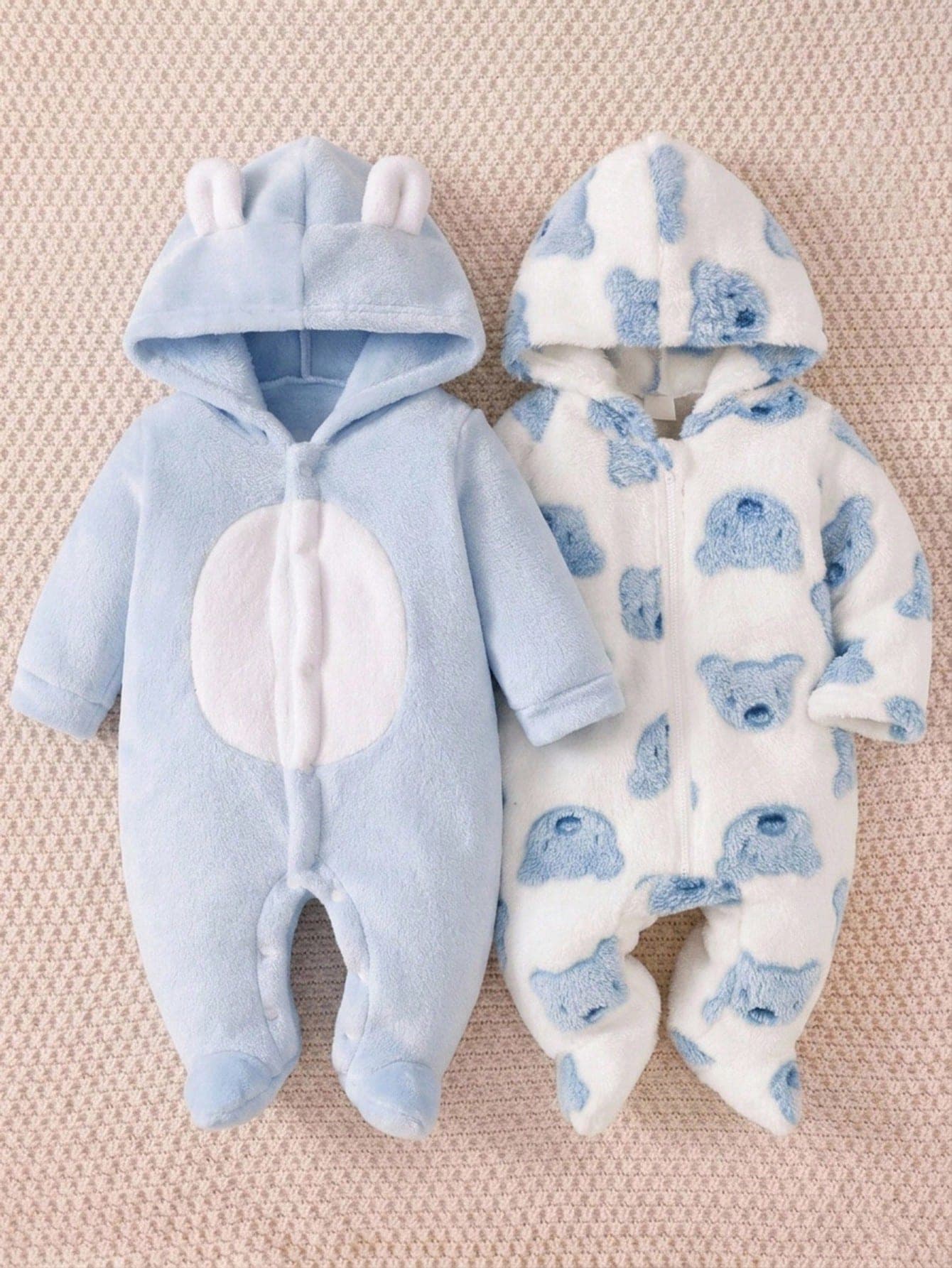 1pc Newborn Simple Fashionable Blue Cute Print Pattern Long Sleeve Long Hooded Romper, Best Gift For Newborn, Versatile Fashion, Simple Childlike, Best Gift For Newborn