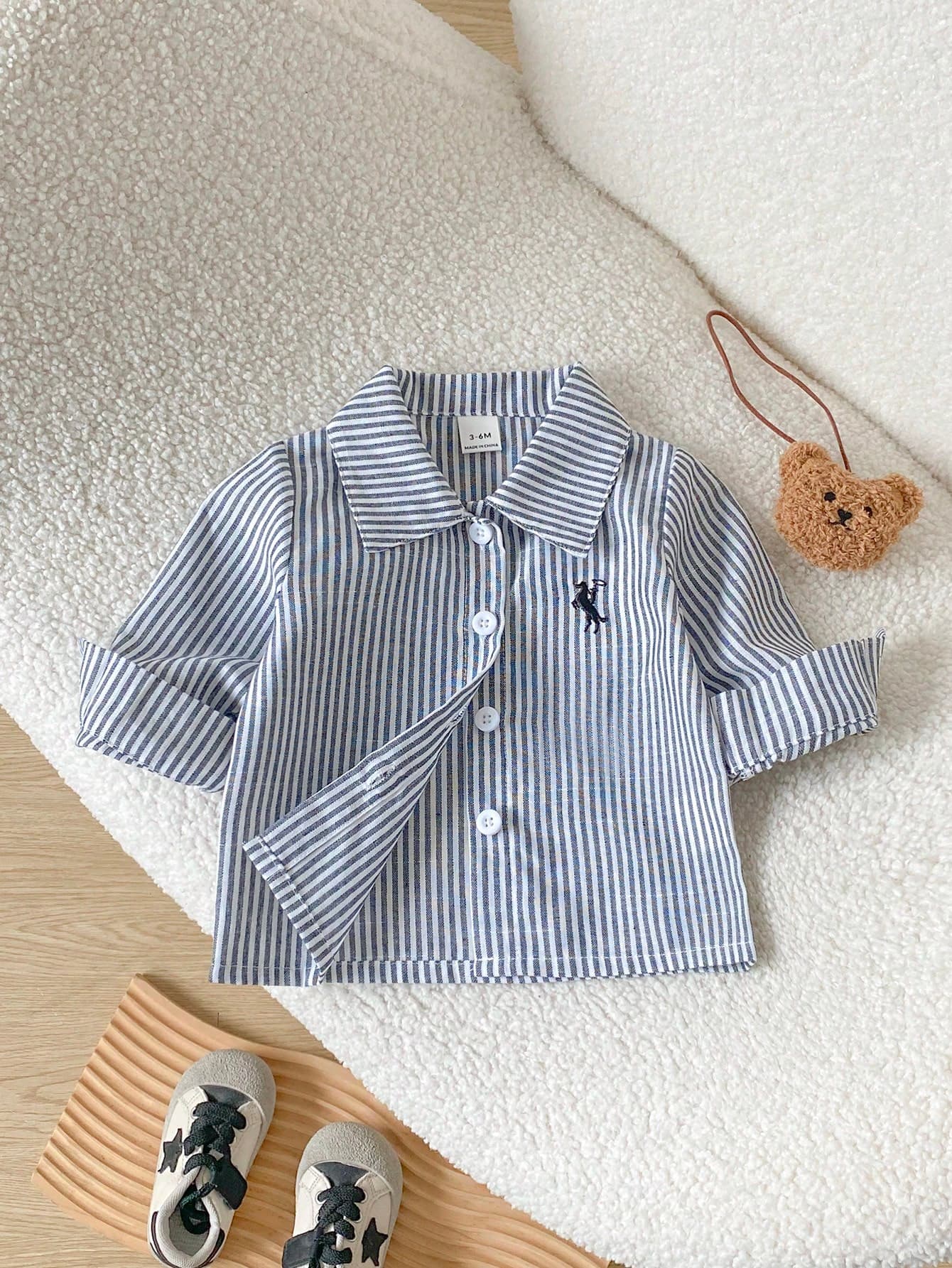 SHEIN Playful Pals Baby Boys Yarn-Dyed Striped Embroidered Long Sleeve Button-Up Shirt, Casual Autumn Back To School And Everyday Wear Classic Western Style Shirt
