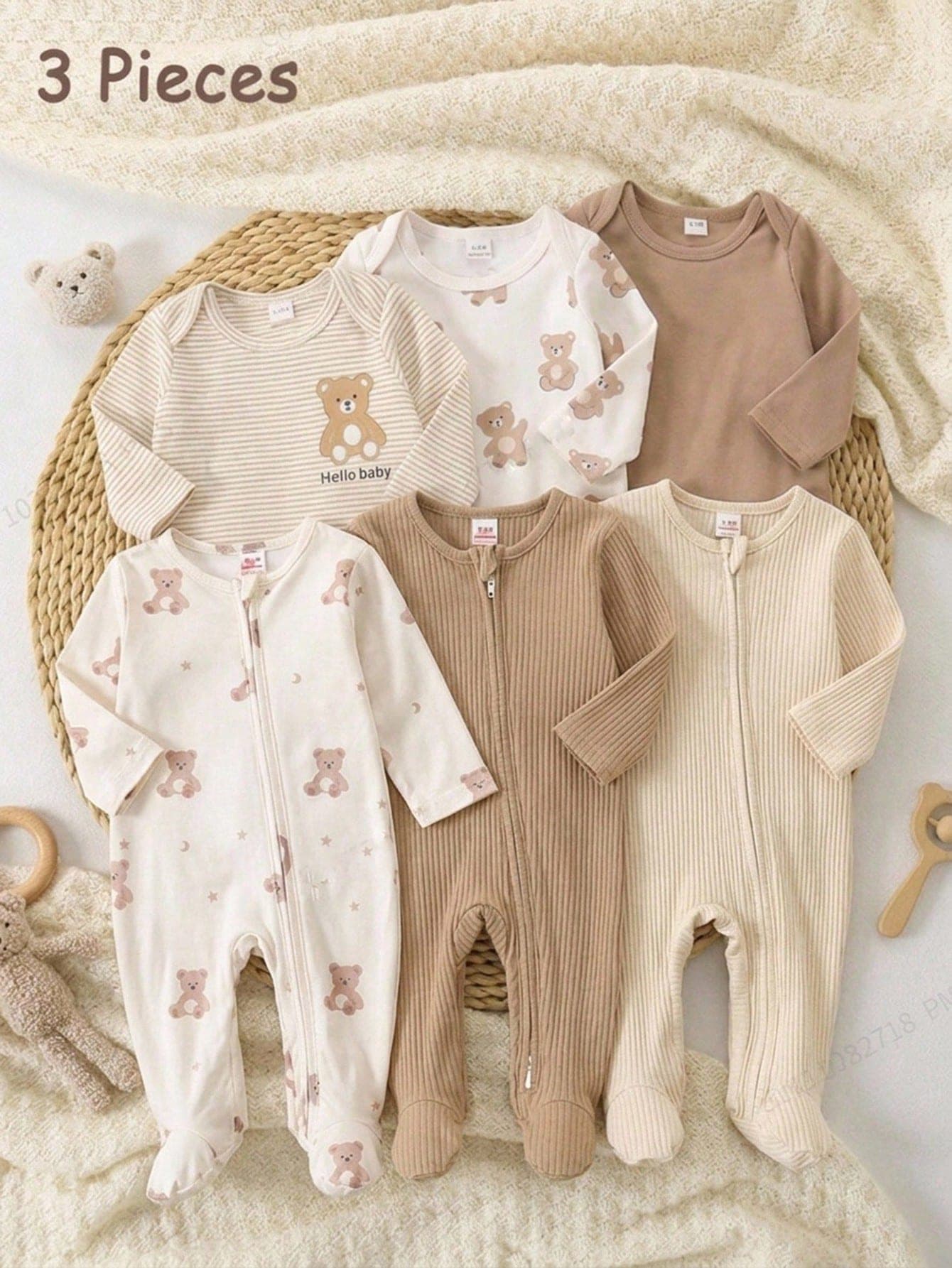 3 Pieces Newborn Long Sleeve Footed Jumpsuit Knit Comfortable Soft Cute Bear Pattern Loungewear, Best Gift For Newborn, Home Wear, Versatile Fashion, Best Choice