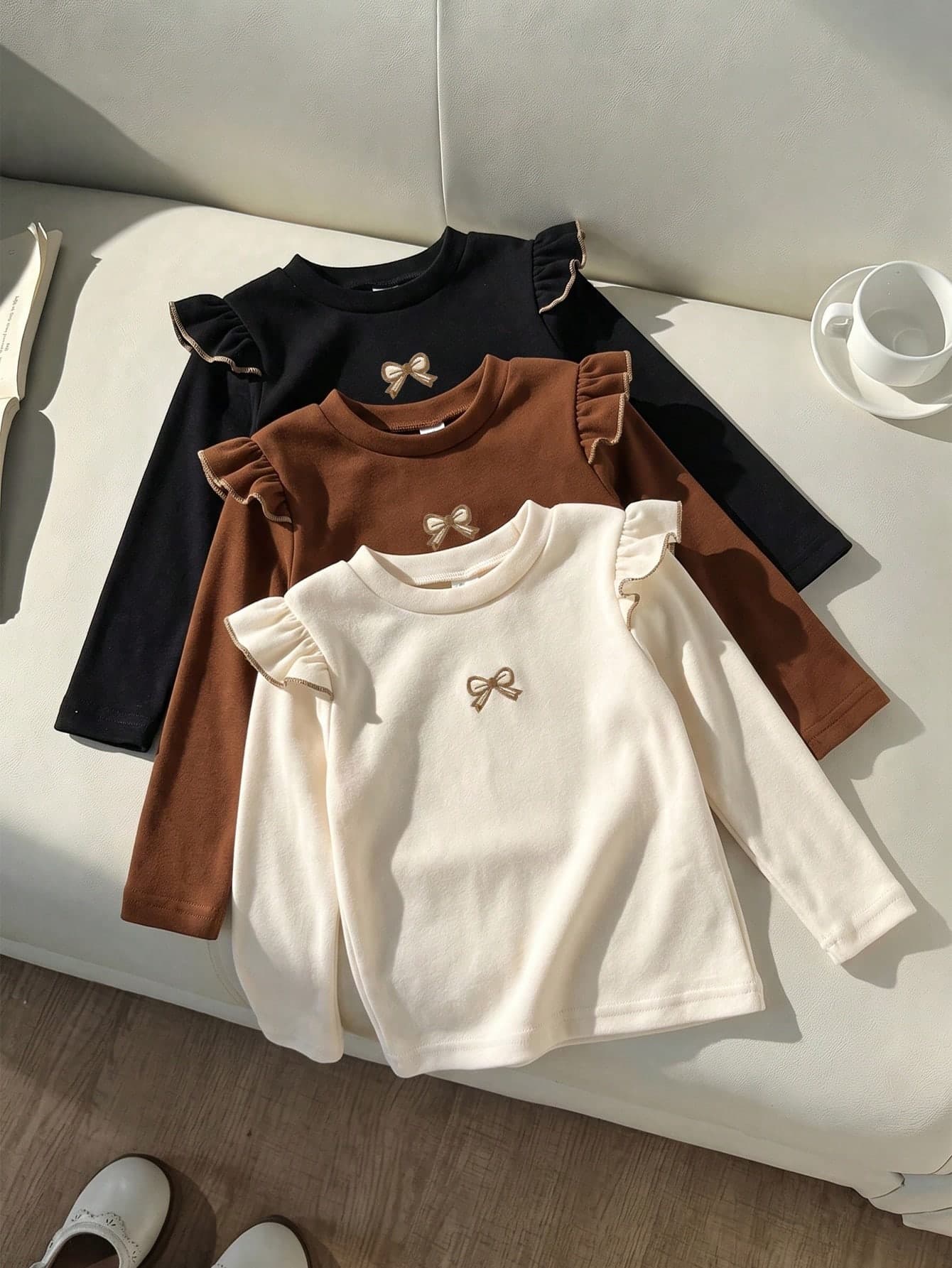 3pcs/Set Girls Autumn/Winter Cap Sleeve Knit Double-Sided Fleece Base Layer Tops, Versatile Round Neck Embroidered Heart Long Sleeve T-Shirts