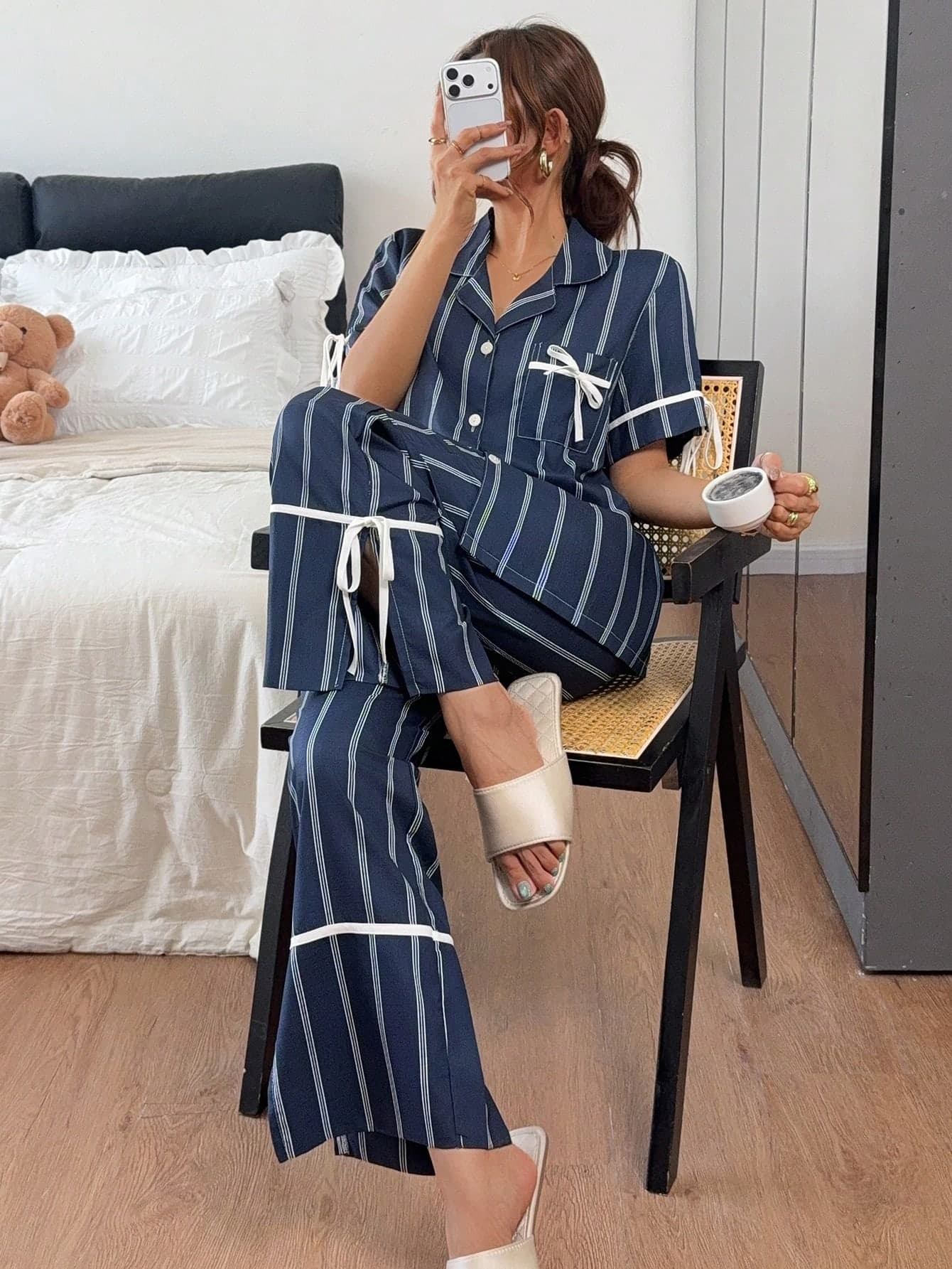 Napfluff Women's Striped Print Casual Loungewear Set With Contrast Color Lapel, Short Sleeve Top And Long Pants, Suitable For Home And Outdoor Wear