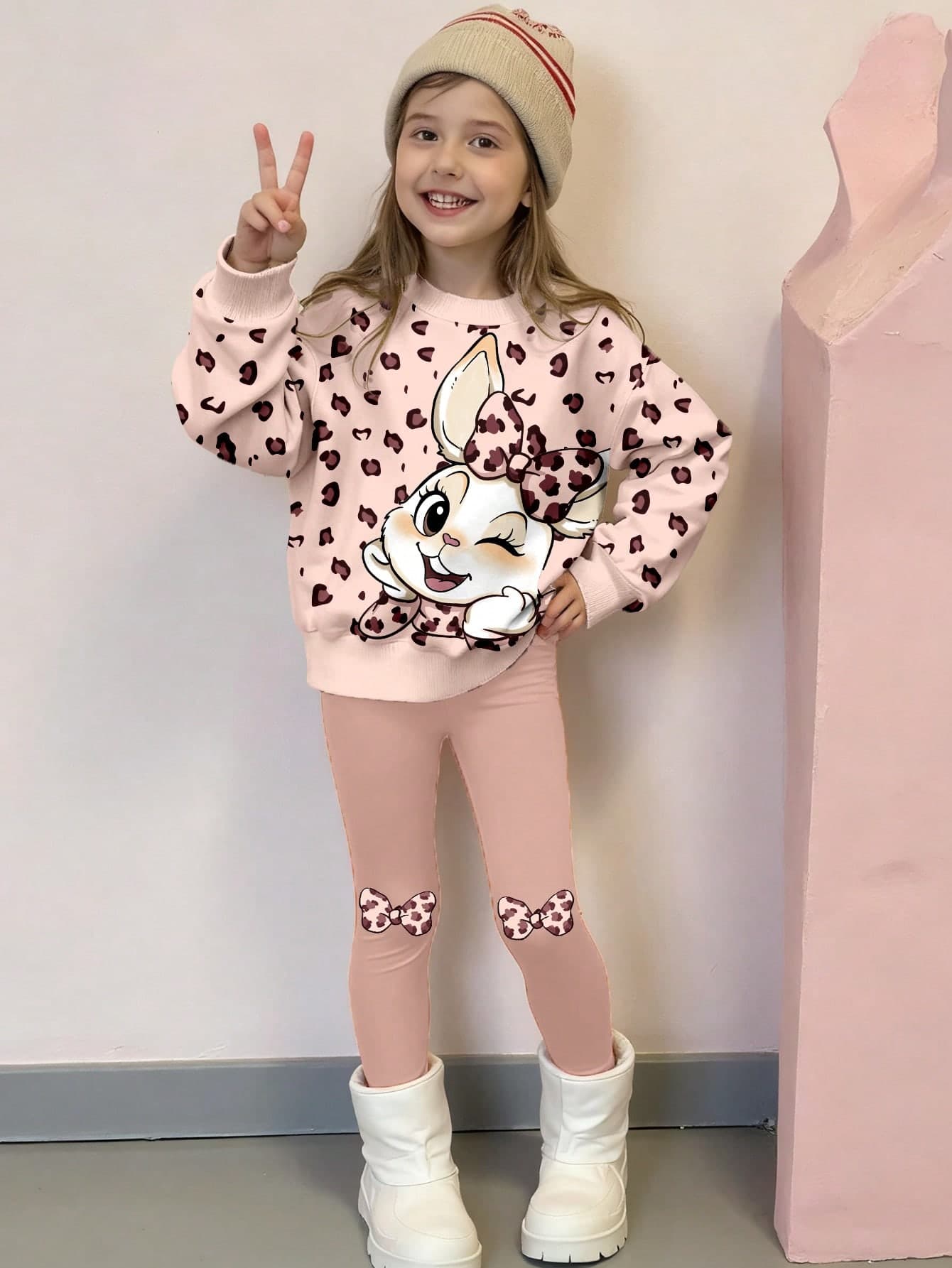 2pcs/Set Cute Rabbit Leopard Print Top & Leggings Set, Digital Print, Round Neck Sweatshirt And Tight Base Layer Pants, Fashion Casual, Suitable For Autumn/Winter, For Toddler Girls
