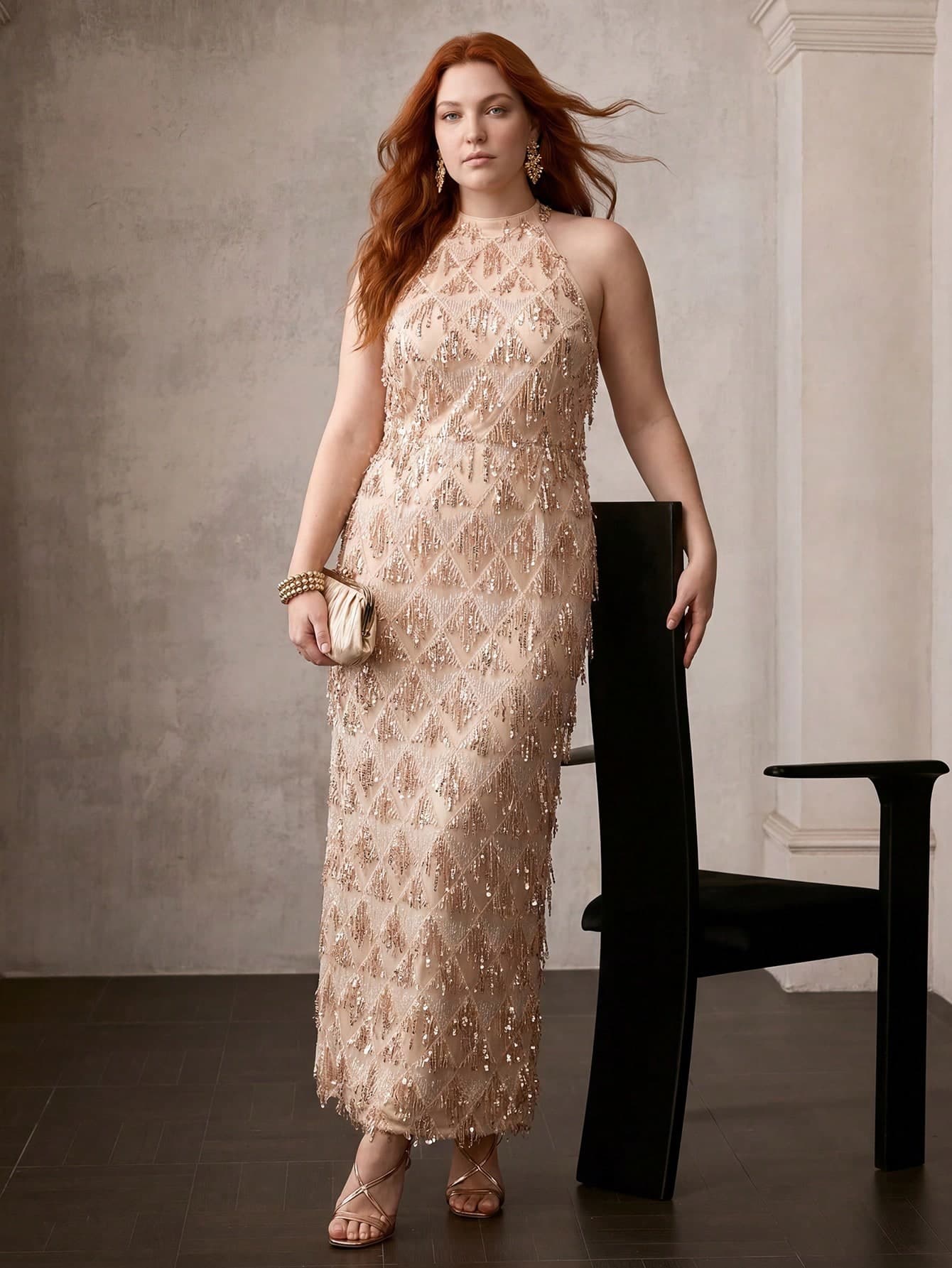 MOTF PREMIUM WOMEN'S PLUS SIZE OCCASION WEAR SEQUIN EMBROIDERED HALTER NECK DRESS