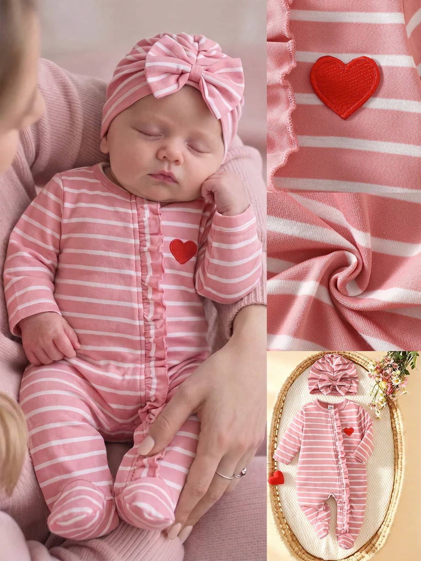 SHEIN Autumn/Winter Newborn Striped Heart Cute Baby Romper Jumpsuit + Hat