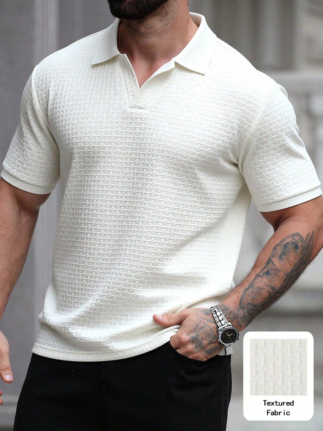 Manfinity CasualCool Men's Short Sleeve Textured Fabric Polo Shirt, Suitable For Home, Outings, Parties, And Vacations Golf Shirt For Men Men Short Sleeve Casual Polo