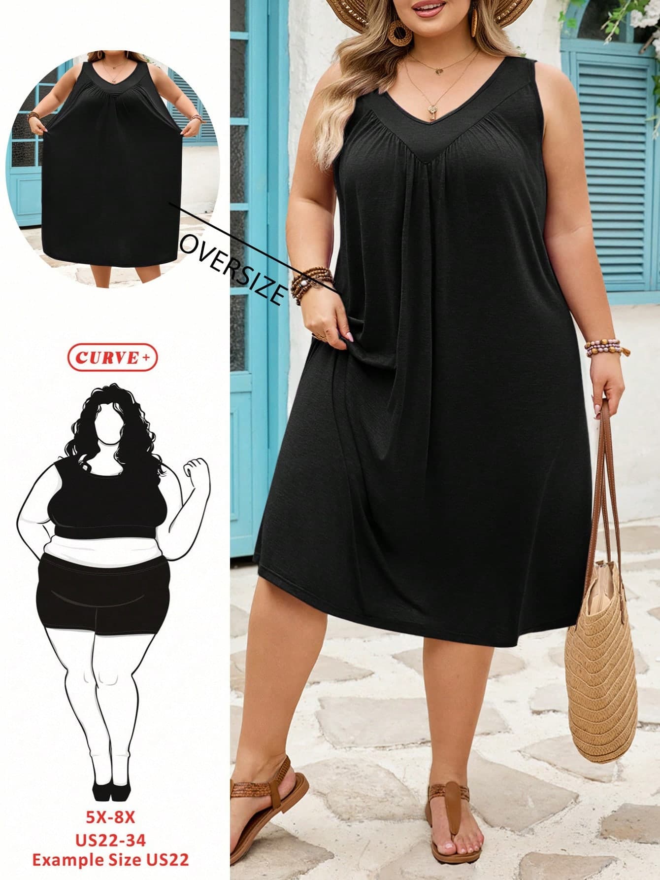 SHEIN CURVE+ Plus Size Women's Purple V-Neck Loose Sleeveless Spaghetti Strap Vacation Dress, Summer