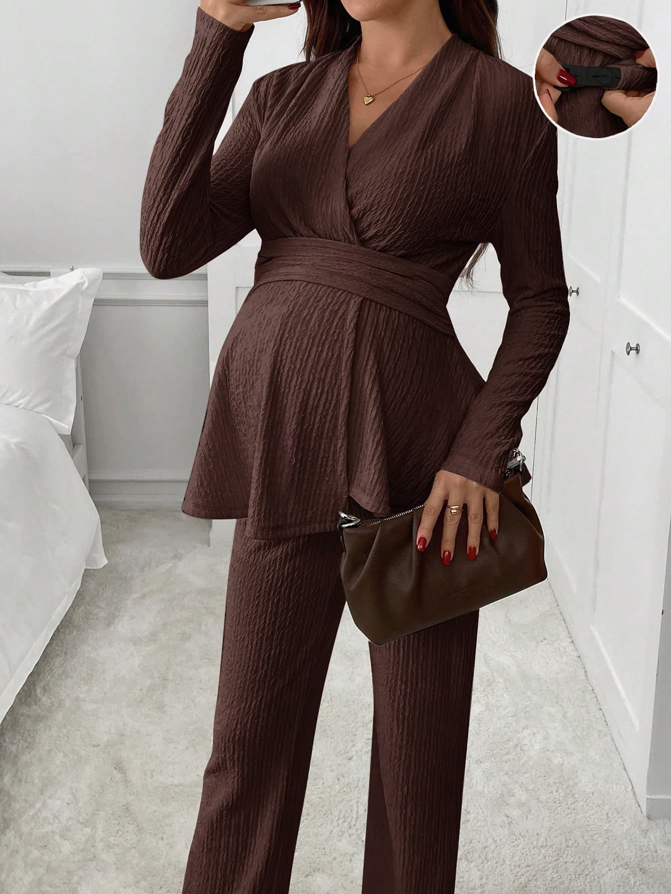SHEIN Maternity Solid Color Overlap V-Neck Long Sleeve Top And Adjustable Waist Long Pants Elegant Maternity 2-Piece Set Photoshoot Summer Fall