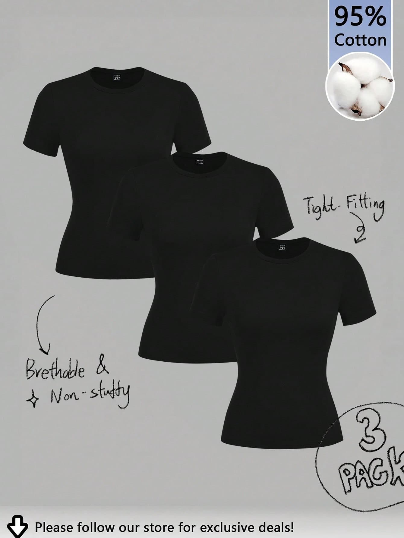 Tseoso 3pcs Black Casual Minimalist 95% Cotton Women's Round Neck Fitted Long-Line Short Sleeve T-Shirt Set