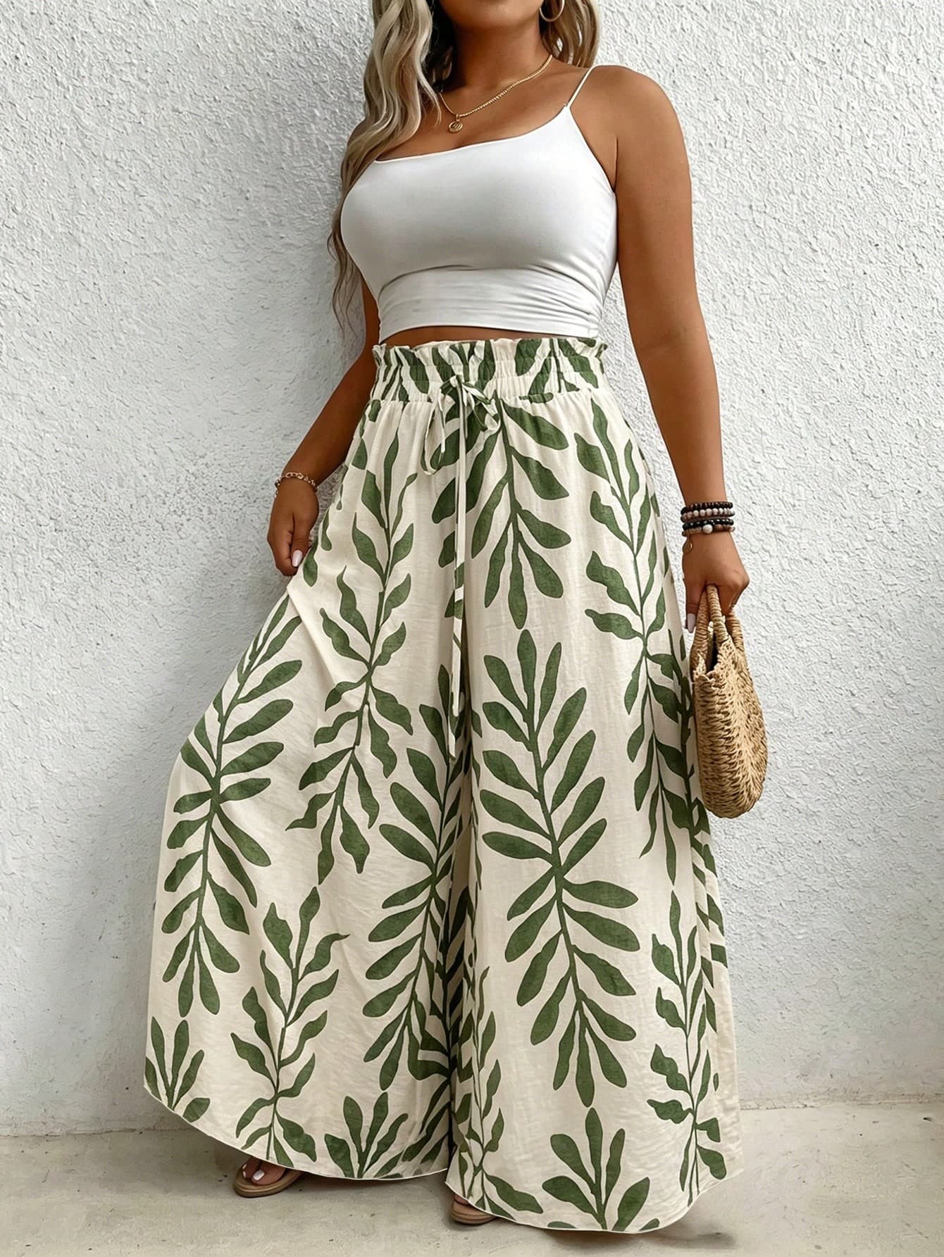 EMERY ROSE Women's Plus Size Green Printed Long Pants, Suitable For Beach Vacation, Dating And Daily Wear