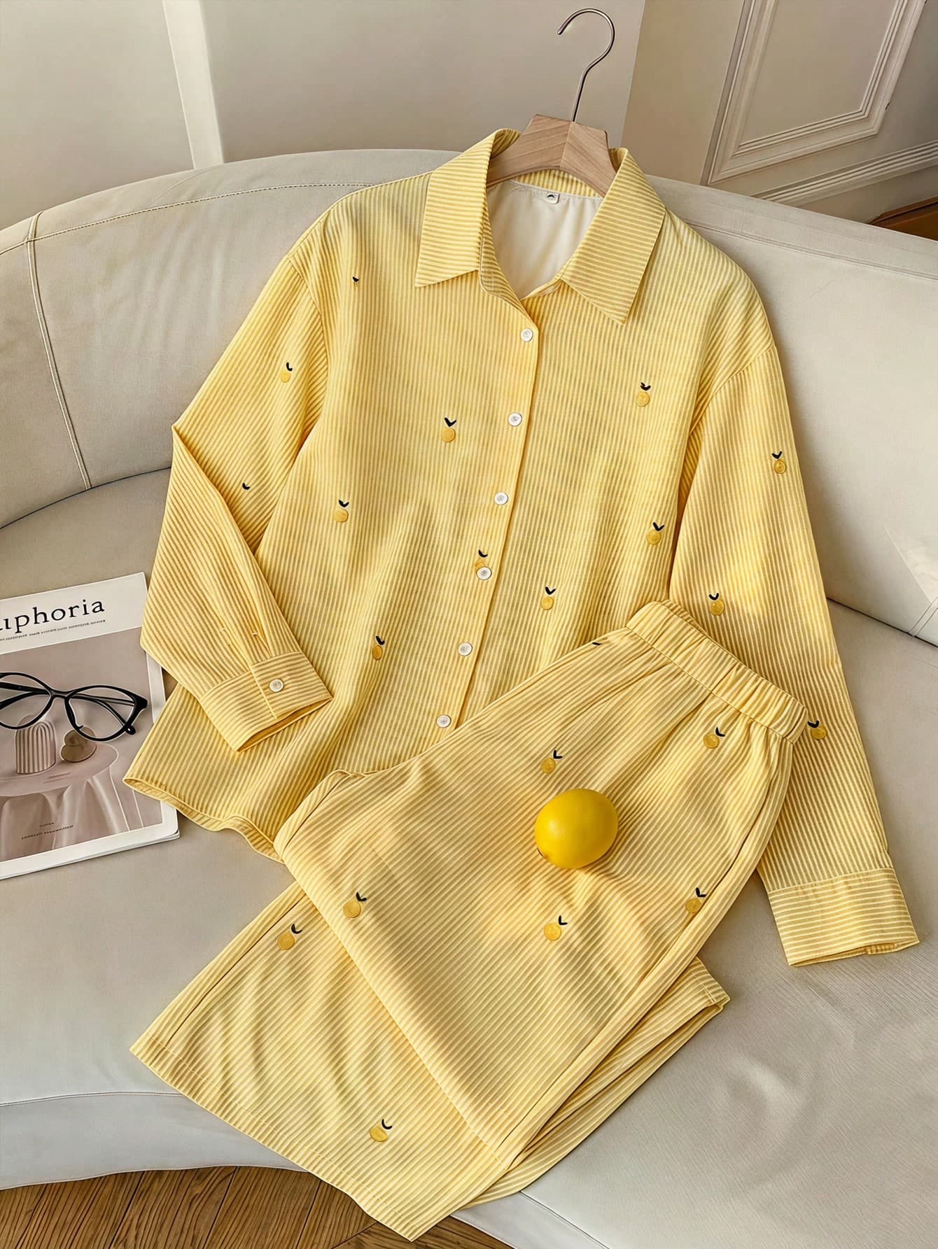 Comfortcana Women's Pastel Yellow Lemon Print Single-Breasted Shirt And Loose Casual Cute Pants Set Tropical Fruit Print Two-Piece Lounge Autumn Everyday Lounge