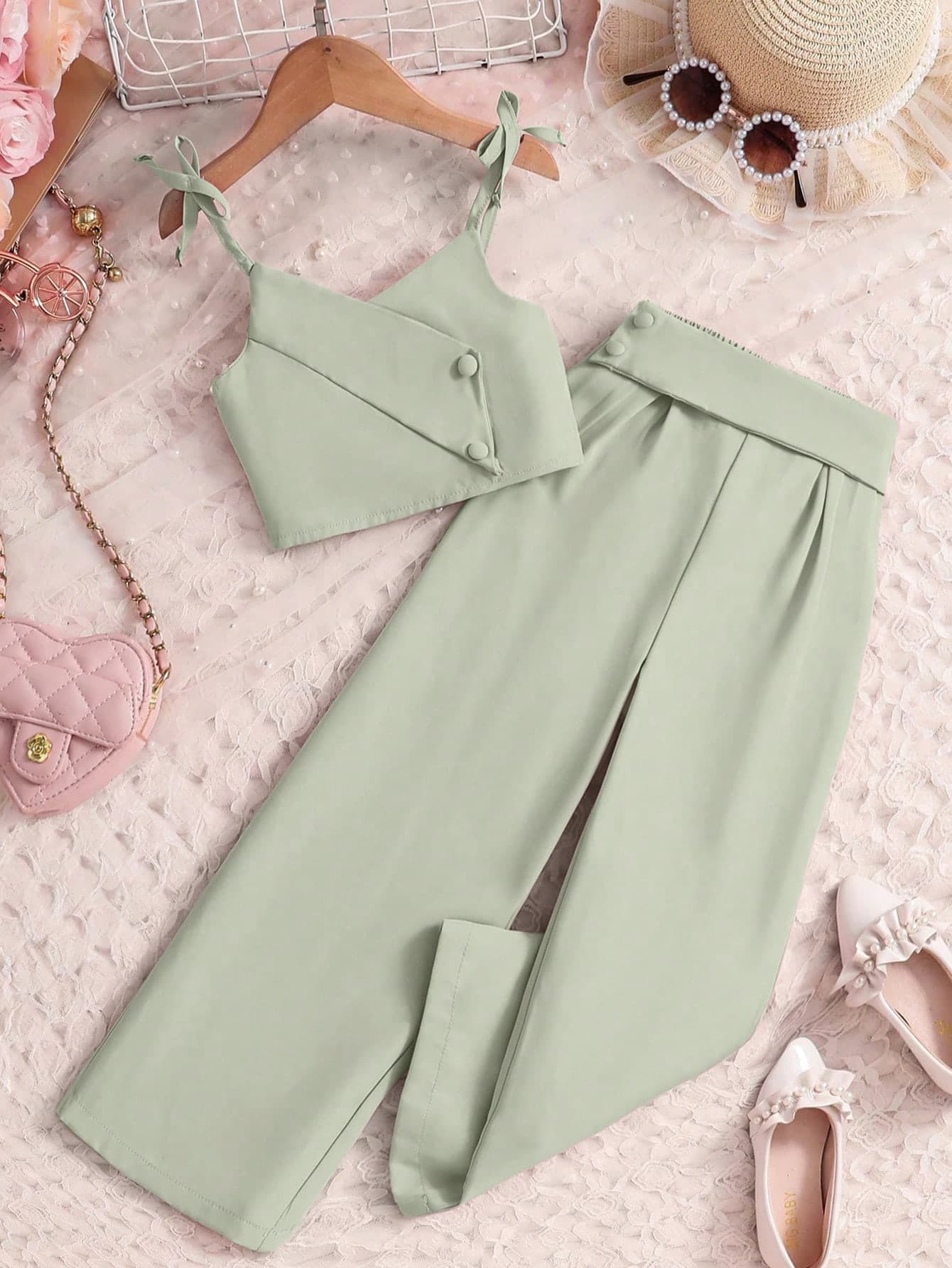 SHEIN Elladie kids Girls Fashion Bowknot Blazer Tank Top And Blazer Pants 2pcs Set Suitable For Daily Wear, Vacation, Summer
