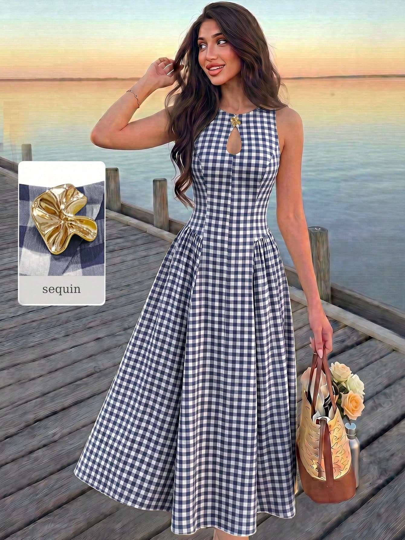 Modelyn Women's Spring/Summer Yellow Woven Plaid Textured Water Drop Neckline Metal Button Cinched Waist A-Line Elegant Romantic Midi Dress