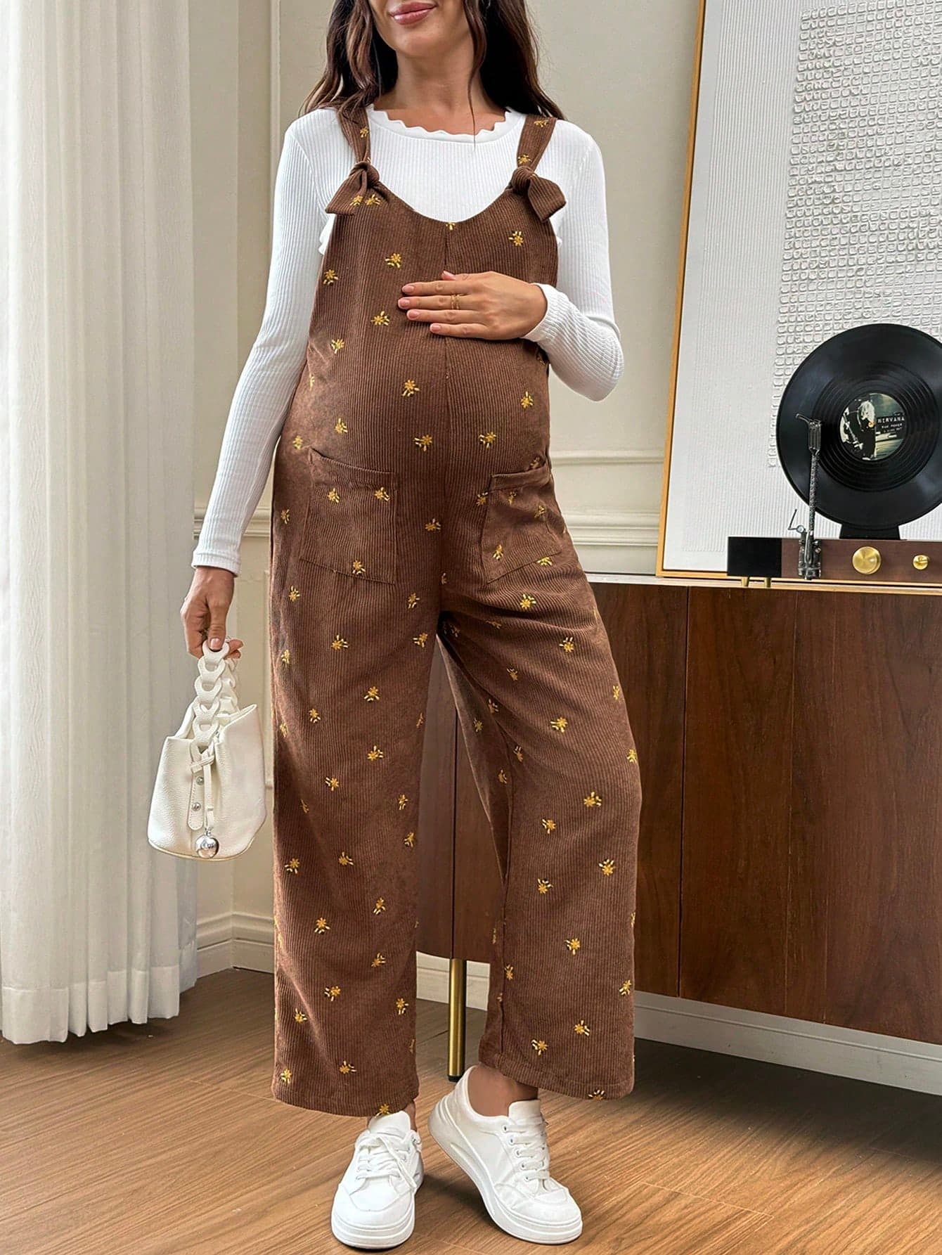 Slowluna Maternity Floral Embroidery Jumpsuit Fall