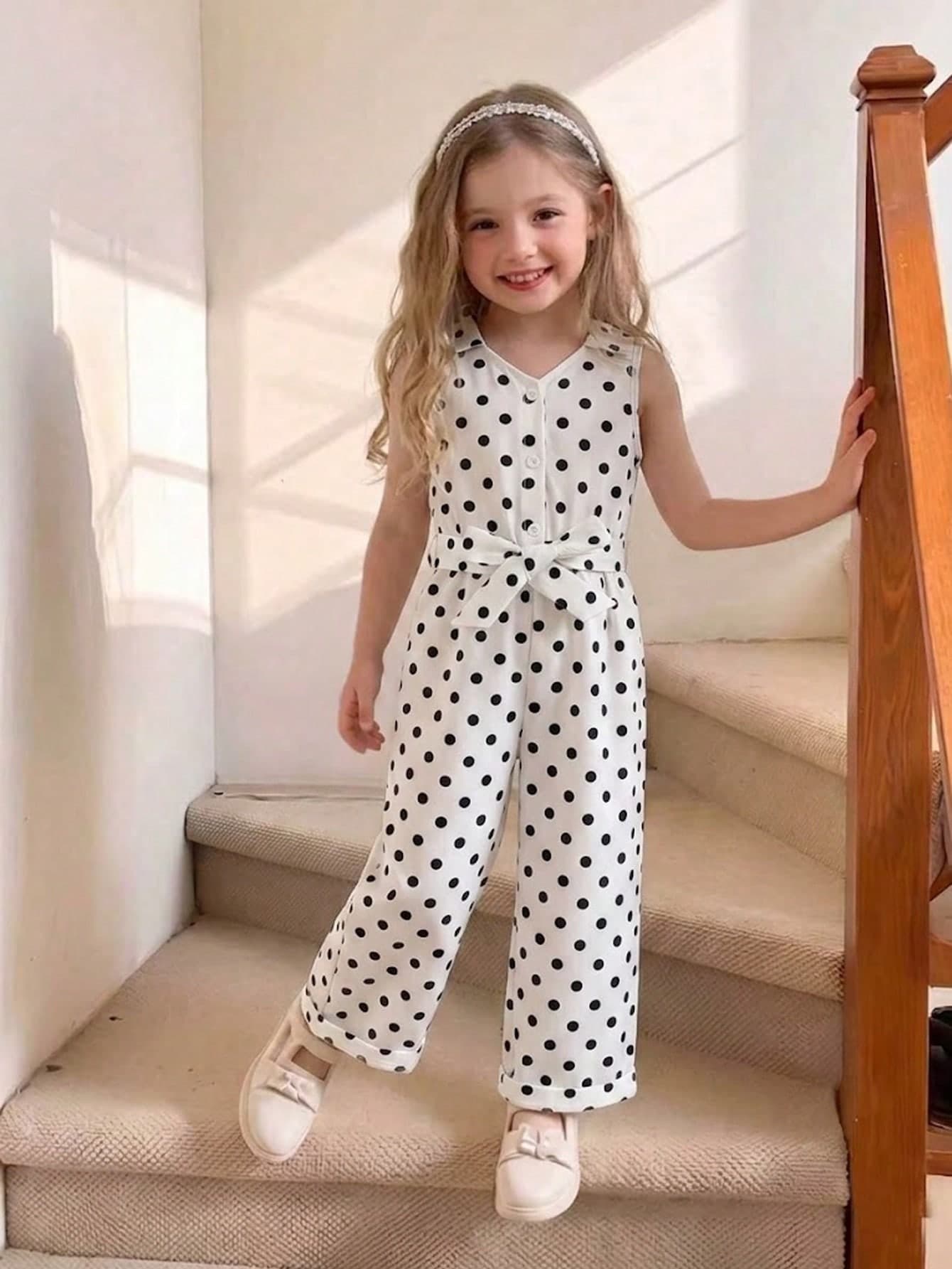SHEIN Girls' Casual Vacation All-Match Versatile Collared Button-Front Belted Comfortable Soft Crinkled Denim Look Jumpsuit Long Pants, Suitable For Autumn, Picnic, Outing, Sister Outfit, Daily Wear