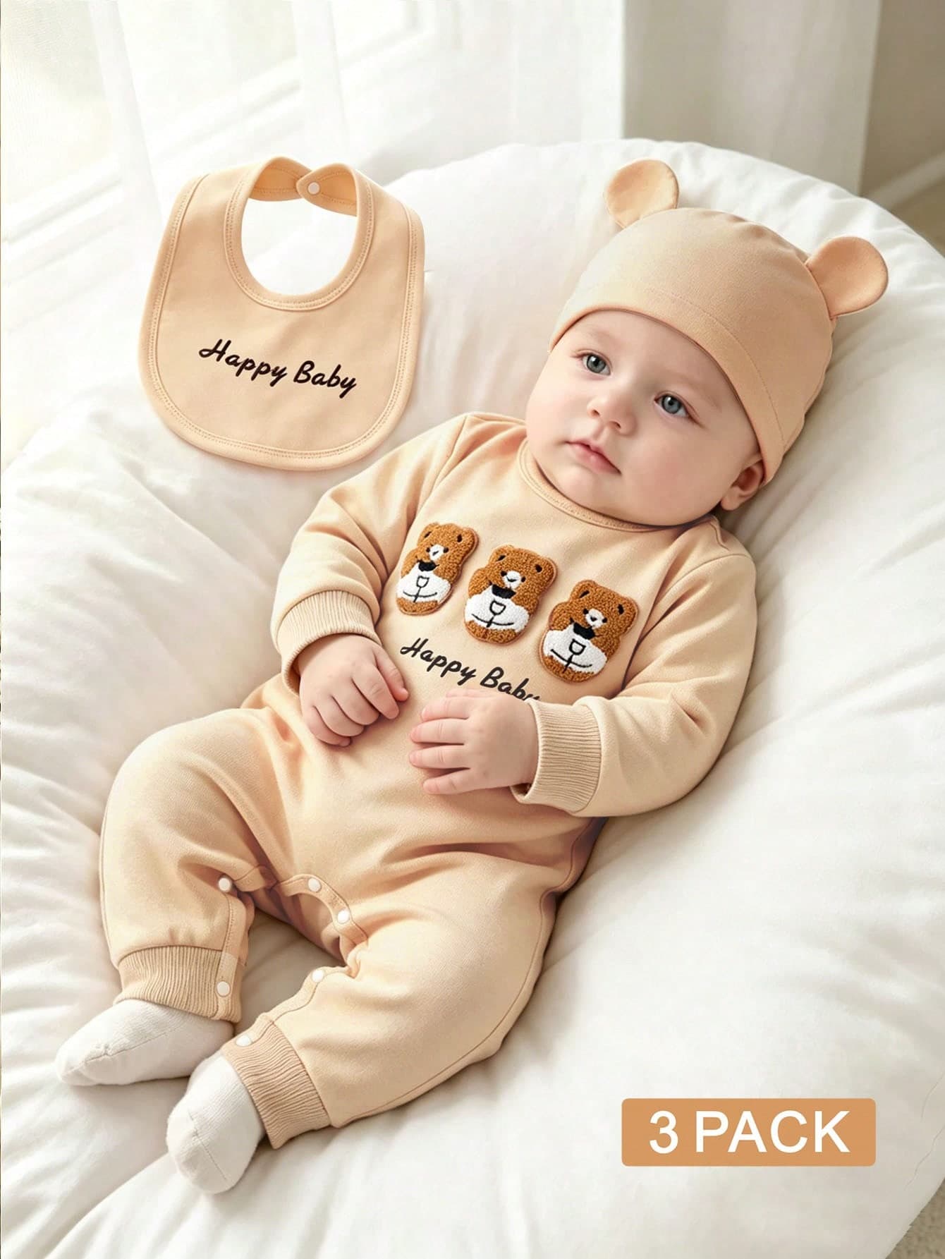 SHEIN 3pcs Newborn Baby Set, Cute Bear & Letter Embroidery, Soft & Comfortable Fabric, Exquisite Embroidered Bear, Long Sleeve Romper, Bib & Hat Set, Spring/Autumn New Arrival, Suitable For Birthday Party, Daily Outings, 0-12 Months