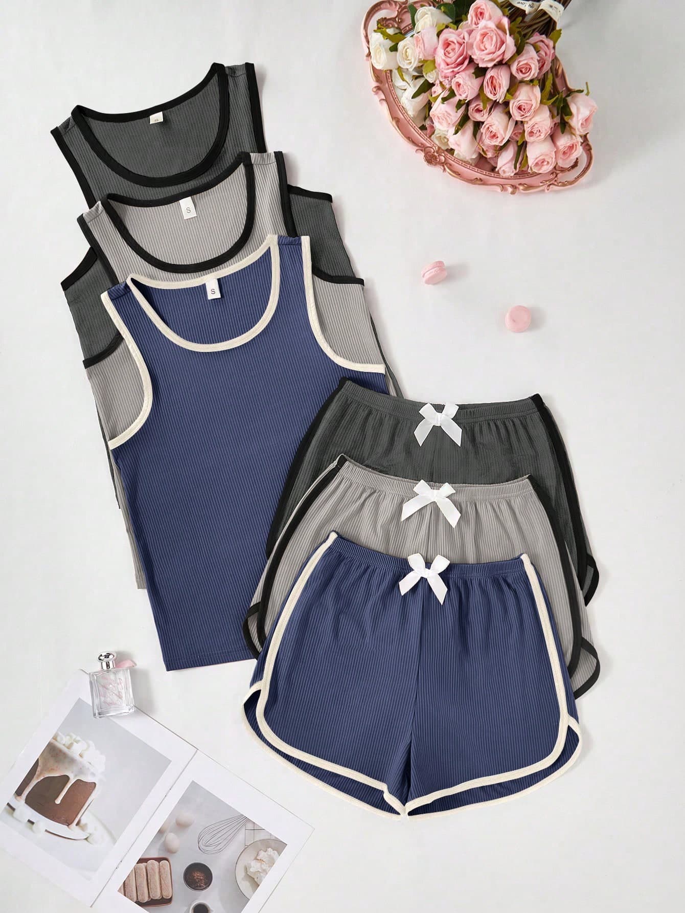 SHEIN Women's Colorblock Trim Casual Tank Top & Shorts Lounge Set, 3 PiecesOutfit, Multi-Color