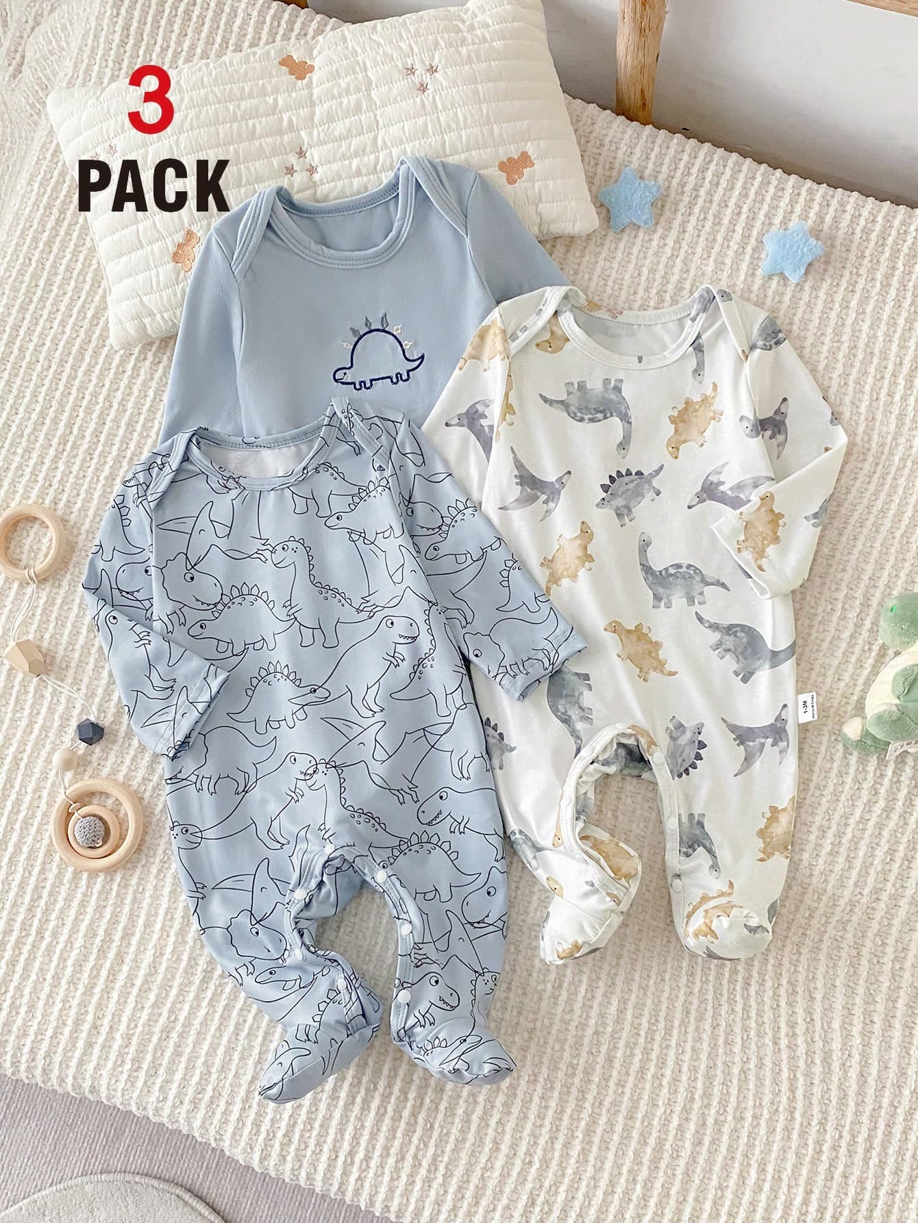 SHEIN 3pcs/Set Newborn Baby Rompers, Cute Cartoon Dinosaur Print, Gray Blue & White, Long Sleeve Footed Bodysuits, Soft & Comfortable Home Wear, Best Gift For Newborns, Autumn/Winter
