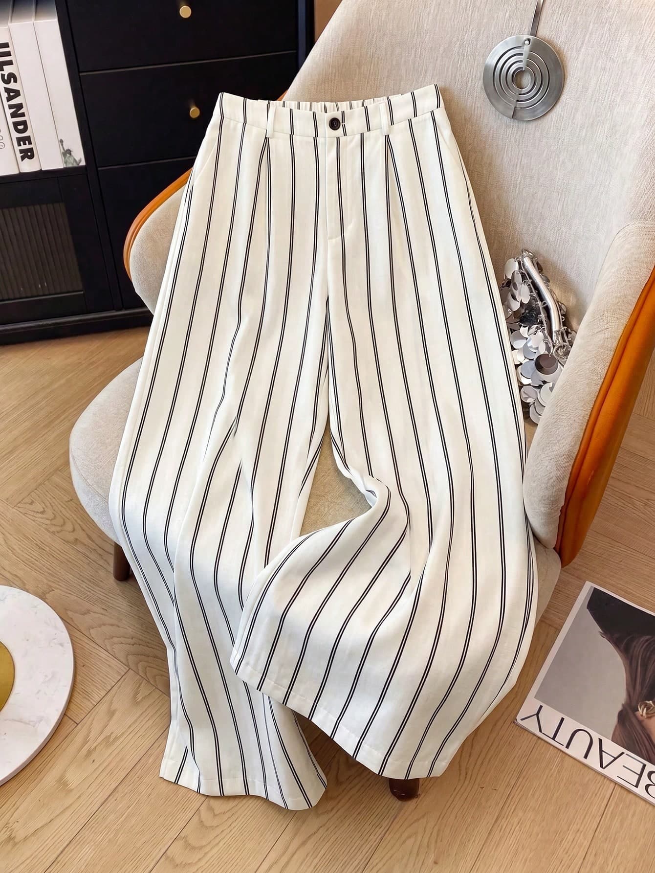 Franclia New Plus Size Black And White Base Striped Straight Leg Pants Bussines Office Summer Casual