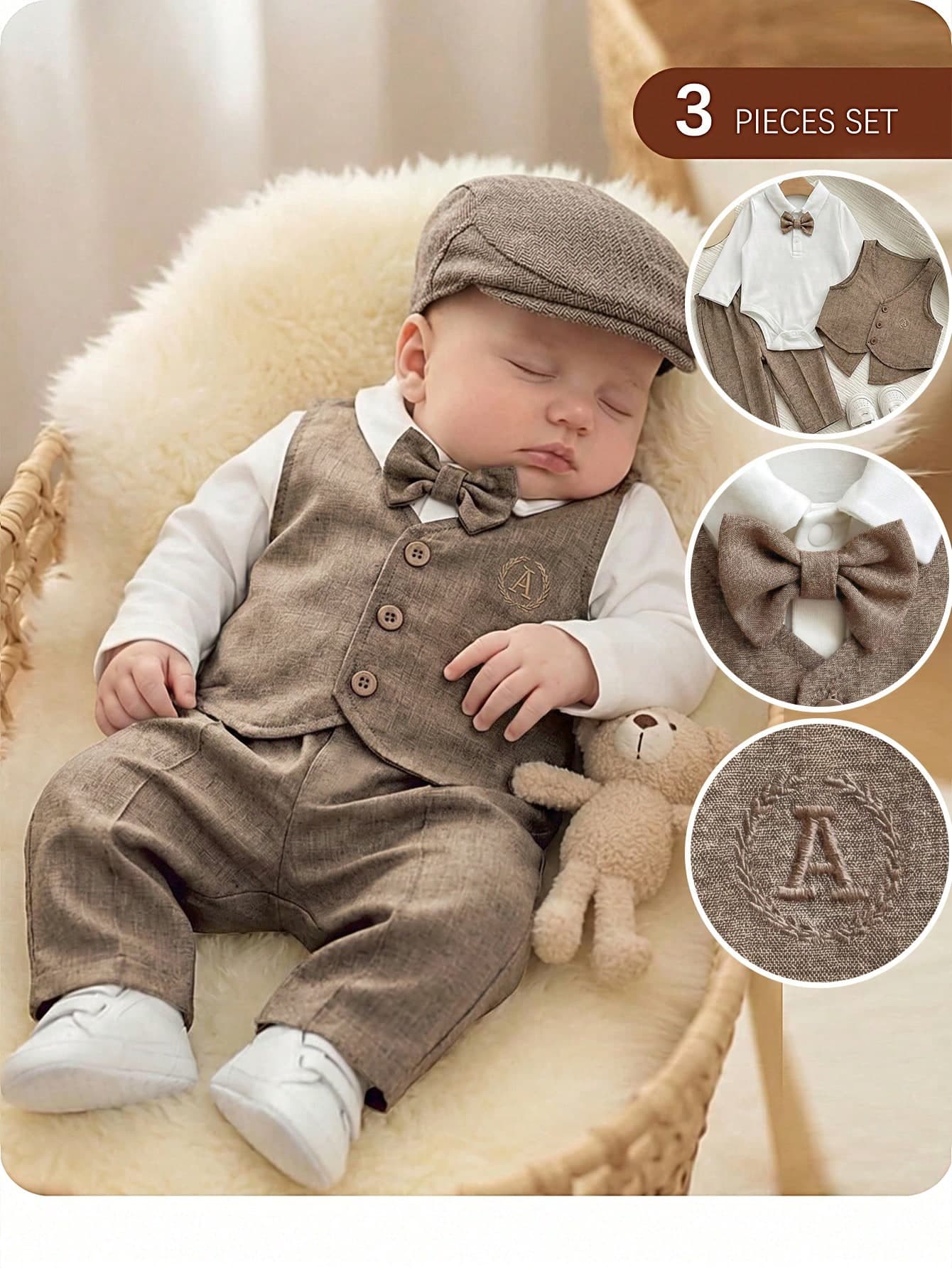 Newborn Baby Boy Cute Casual Vest Jacket Long Pants Bow Tie Romper 3-Piece Set