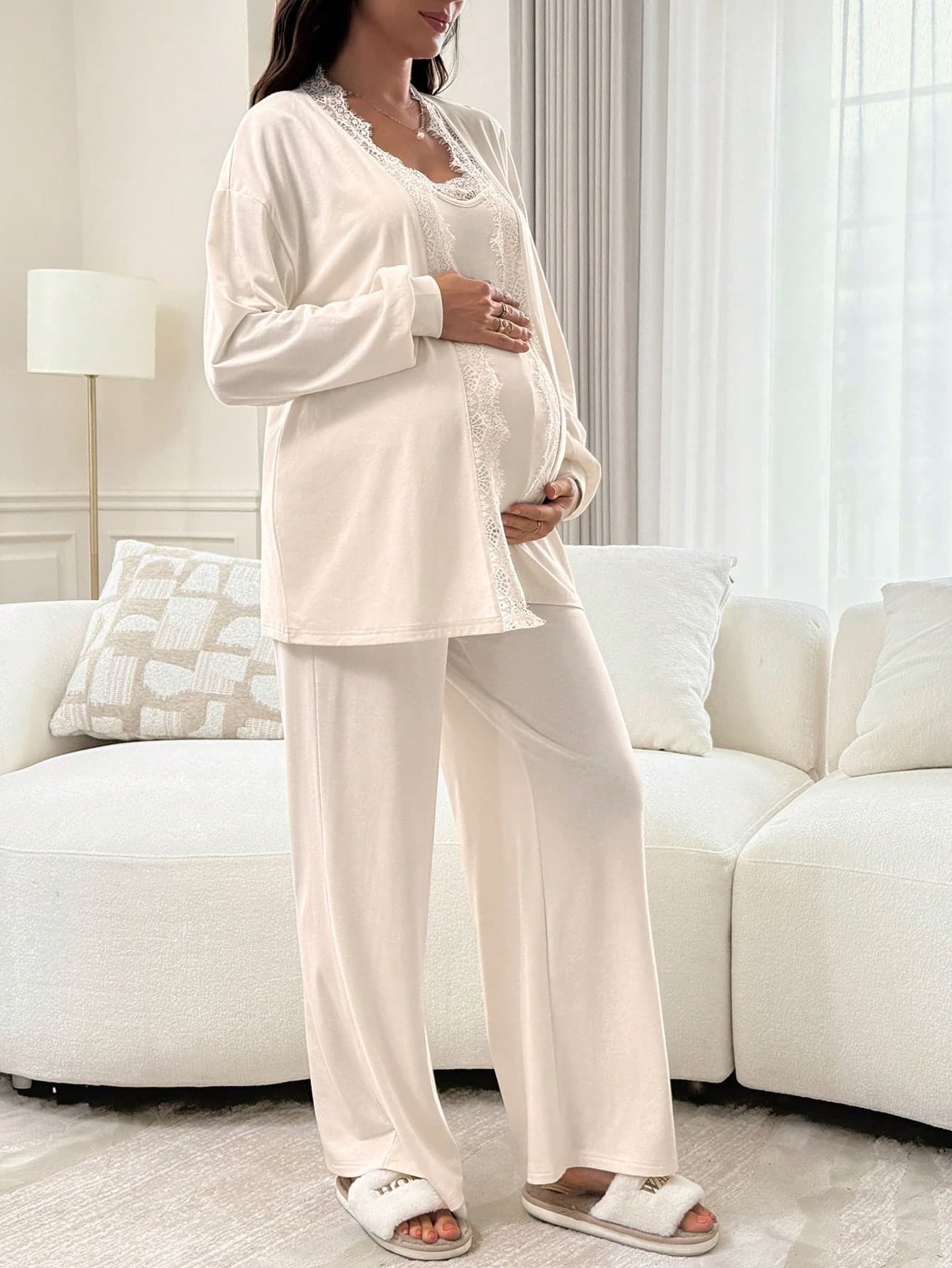 Slowluna Maternity Solid Color Contrast Lace Cami Top And Adjustable Waist Long Pants Casual 2-Piece Set
