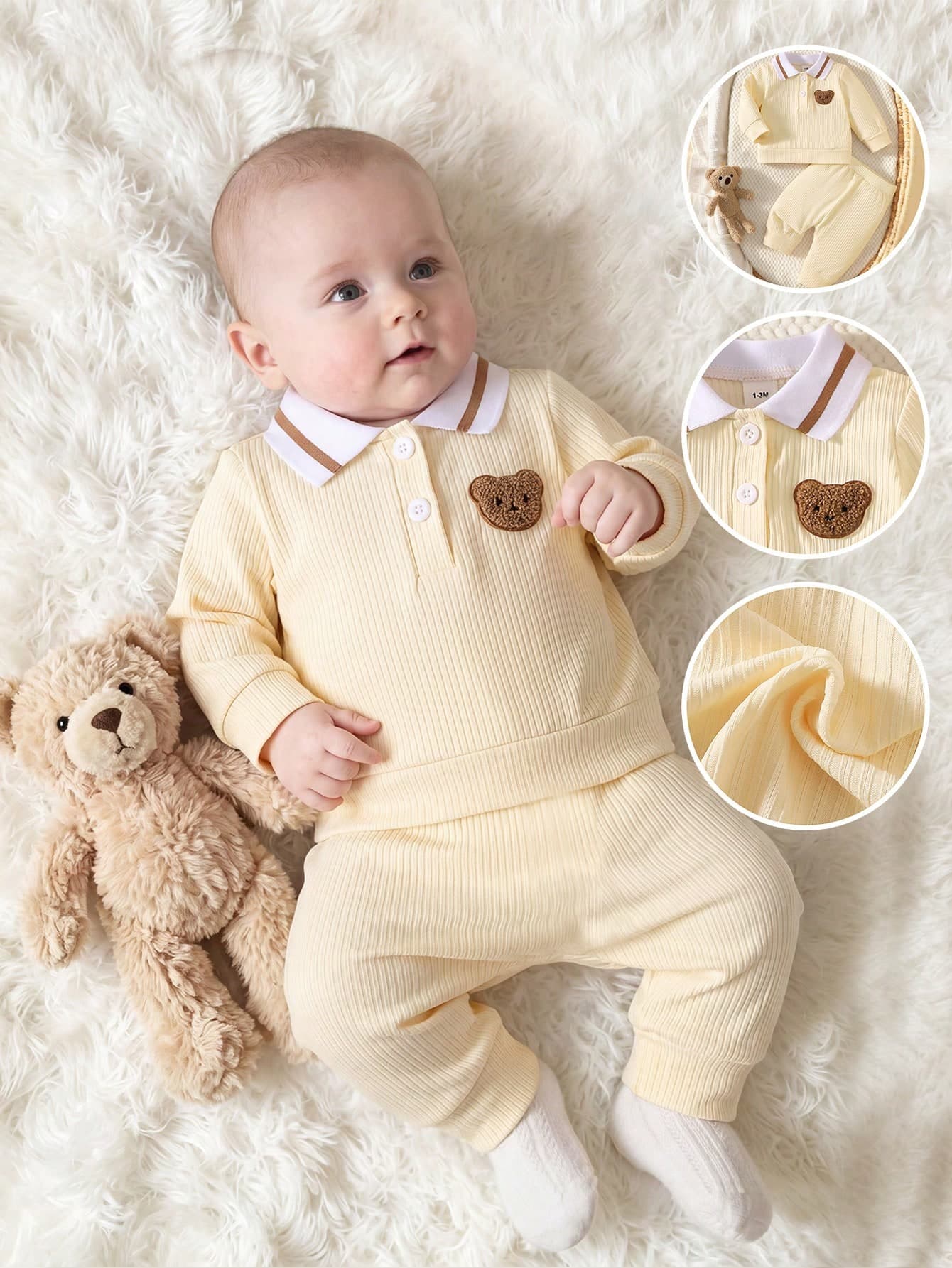 SHEIN Newborn Baby Boy Autumn Long Sleeve Collared Knit Minimalist Solid Color Pants & Long Sleeve Top 2 Pieces Set