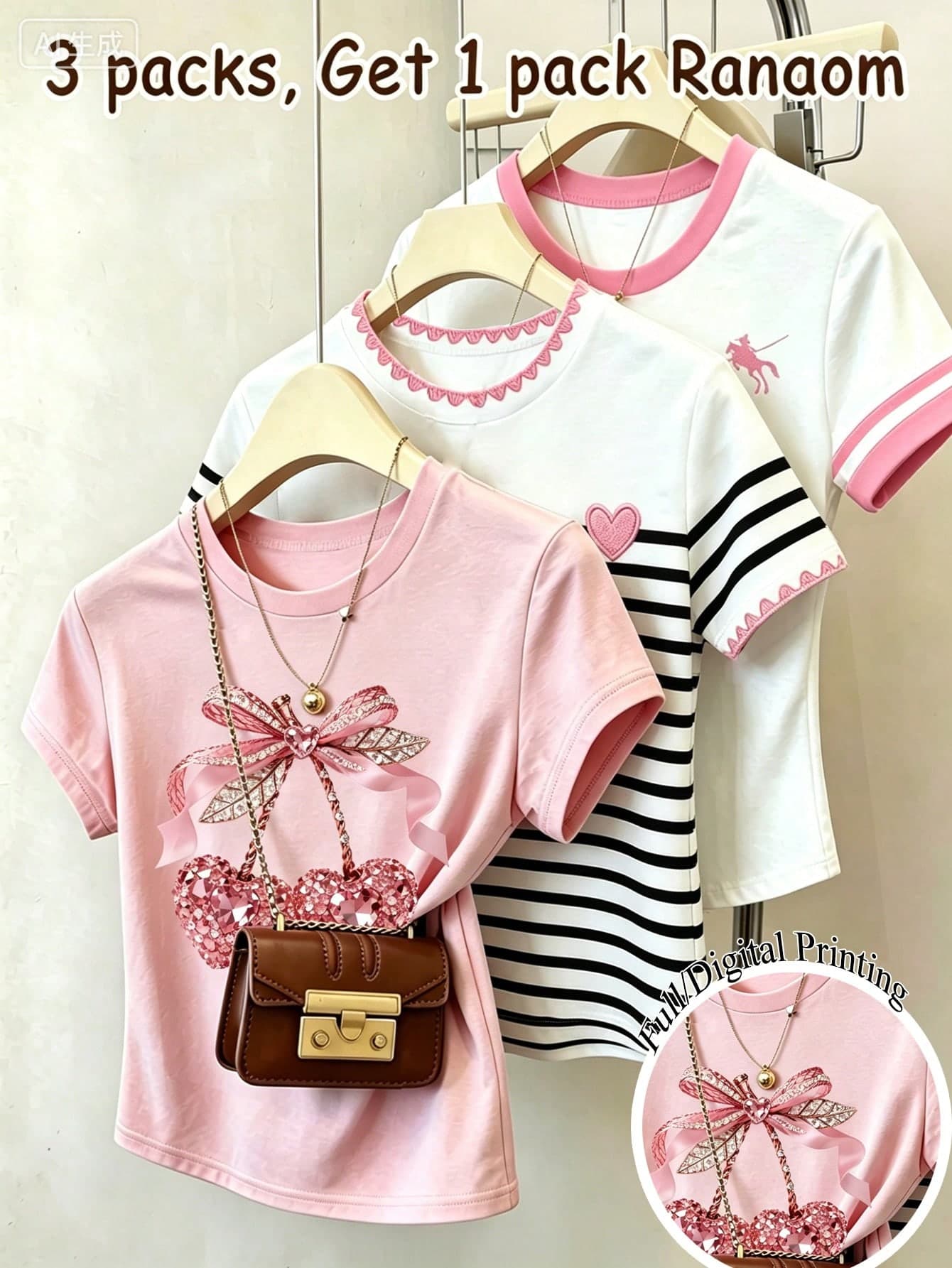 SHEIN Teen Girls 3-In-1 Blind Box Randomly Shipped 1pc Sweet Girl Style Contrast Color Short Sleeve T-Shirt, Faux Cherry Blossom Pink Rhinestone Bow Print Cropped Top, Black & White Striped Heart Faux Embroidered Lace Pattern Print T-Shirt, Milk White Pink Collar Knight Logo Versatile Design, Spring/Summer Daily College Style Outfit Essential, Suitable For Girls Outdoor Sports