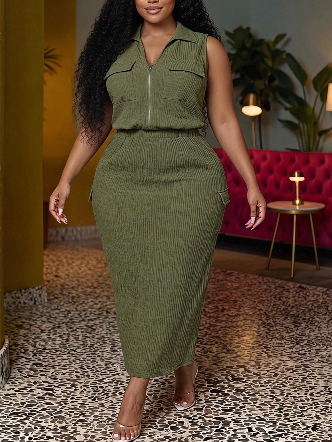 Veslaya Plus Size Women's Solid Color Zipper Top And Skirt Casual Daily Set