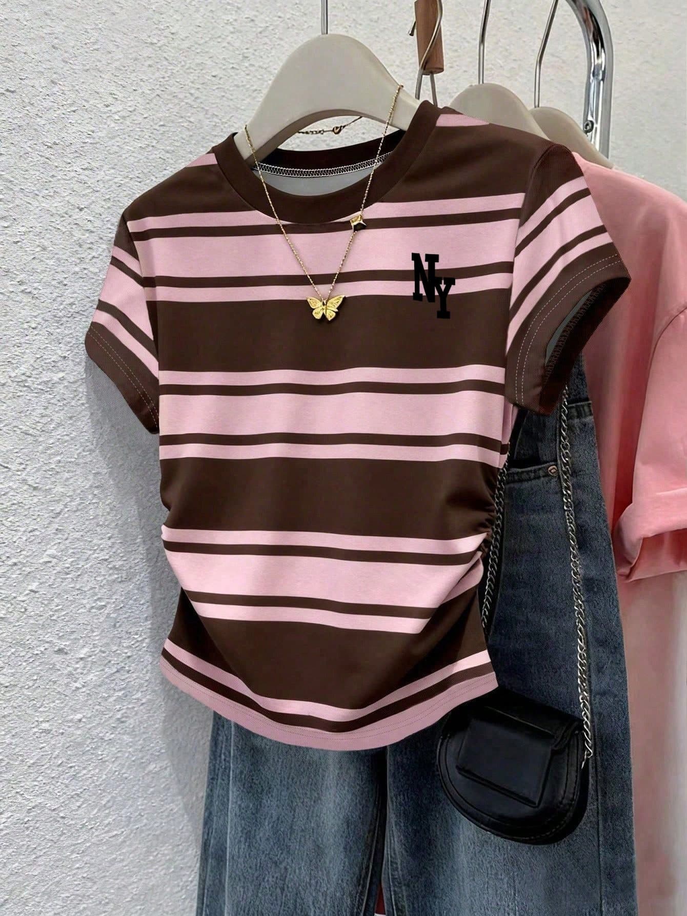 SHEIN Sparklyn Teen Girls' Brown Striped Short Sleeve T-Shirt,Summer Holiday Sport Back-To-School Student Cropped Top,Versatile Waist Cinched Retro Fitted Classic
