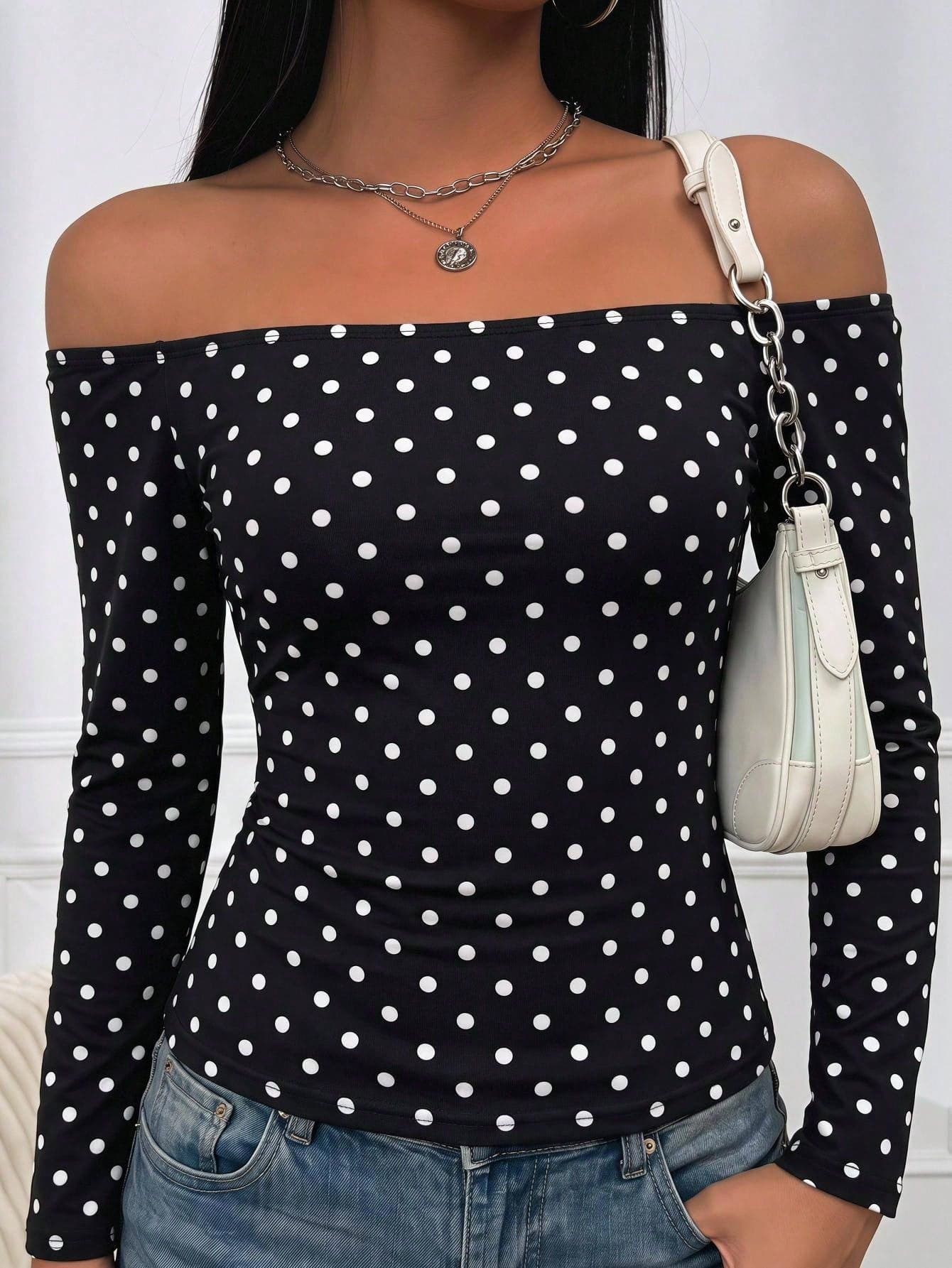 SHEIN Teen Girls T-Shirts Autumn New Knit Black Polka Dot Pattern Off-Shoulder Fitted Casual Long Sleeve Basic Base Layer T-Shirt