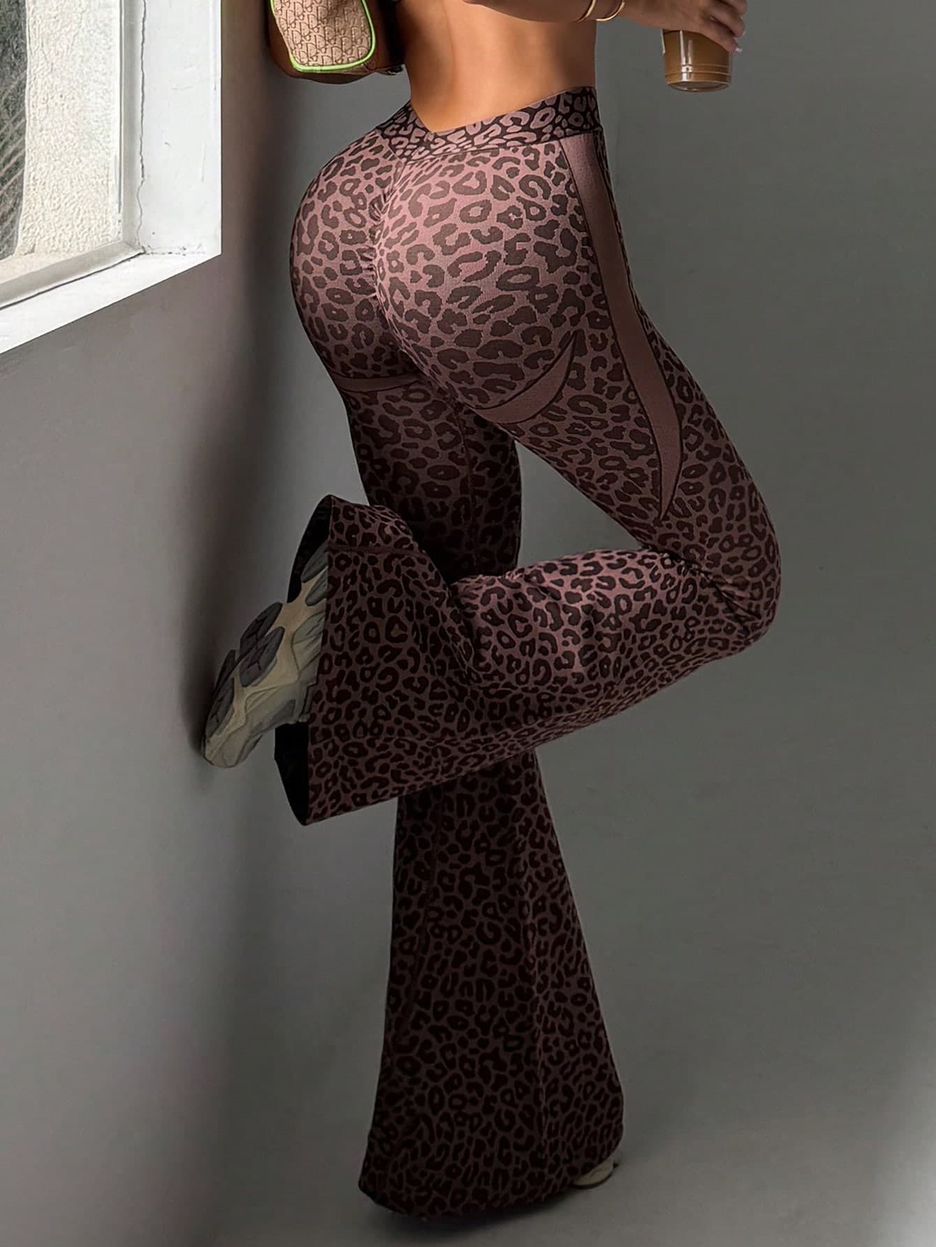 SHEIN Dewbera 1pc Women's Seamless Leopard Print High Elastic Loose Waist Back V-Waist Workout Fitness Yoga Streetwear Long Flare Leggings Sports Pants