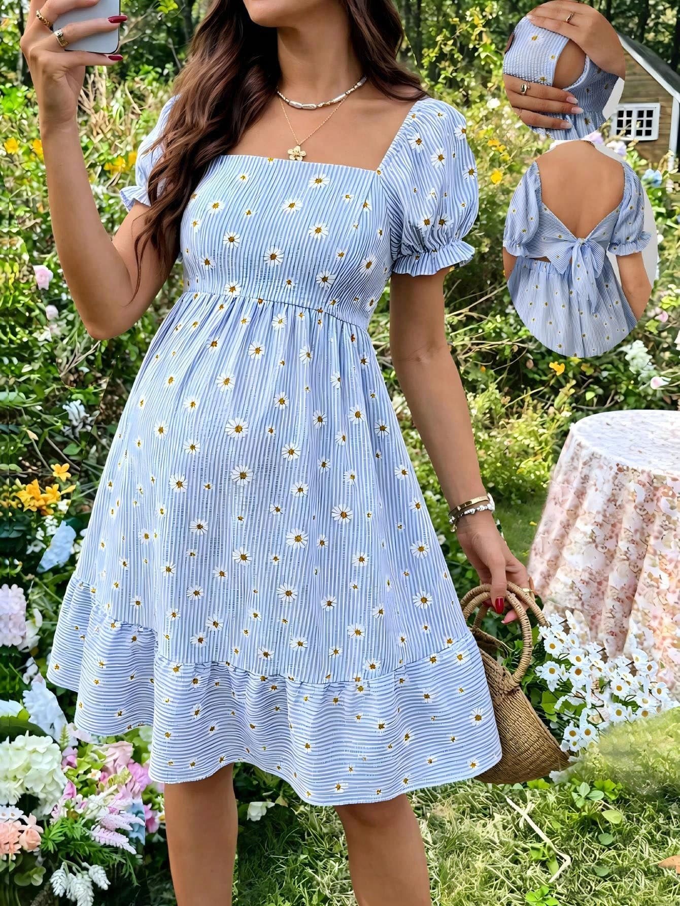 SHEIN Women's Plaid Daisy Print Dress With Cute Bow, Bubble Plaid Nursing Dress Baby Shower Summer Baby Shower Baby Shower Baby Shower