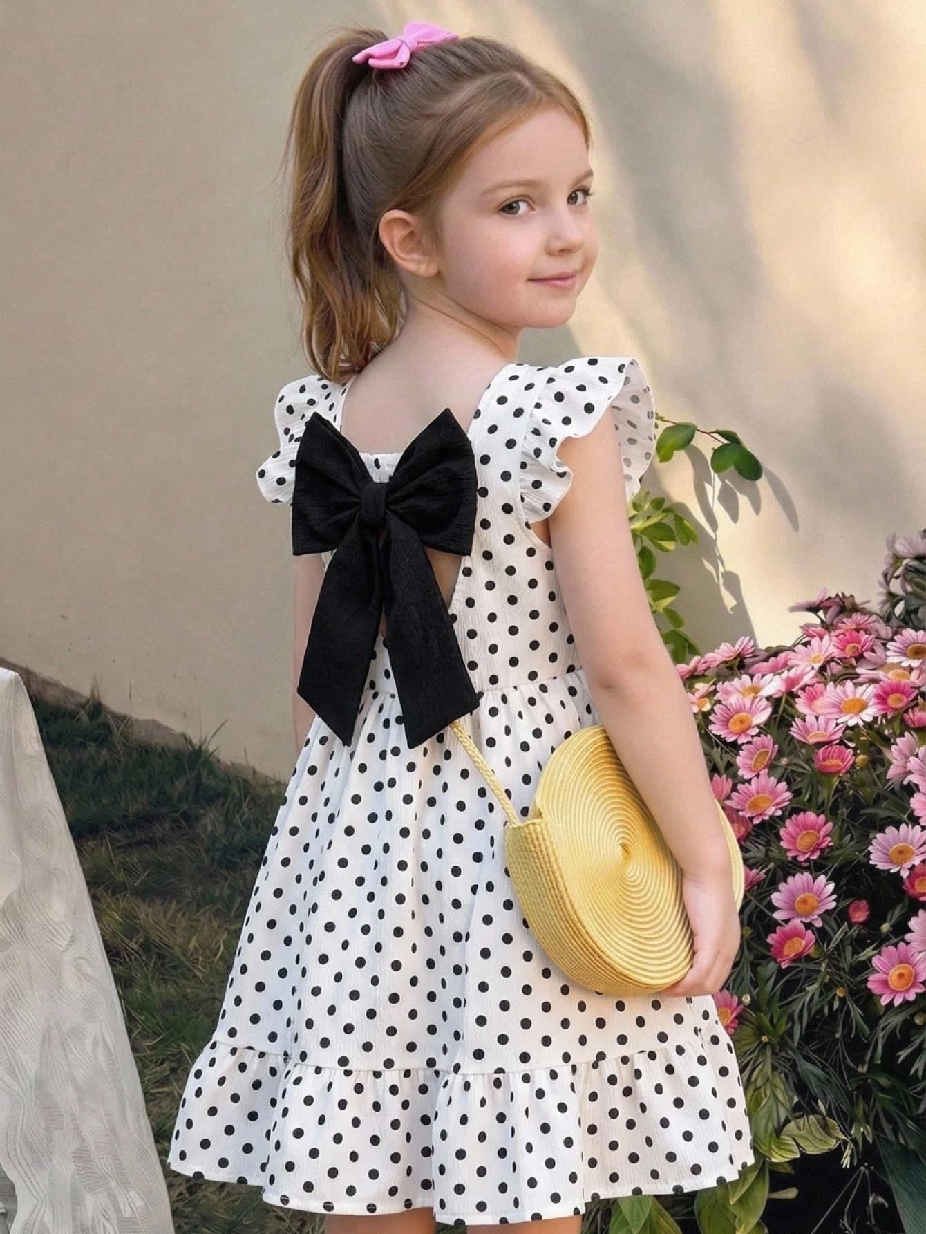 SHEIN Elladie kids Girls' Elegant Polka Dot Print Round Neck Flutter Sleeve Back Cutout 3D Bow Waist-Cinching Ruffle Hem Casual Fashion Dress For Vacation Travel Summer