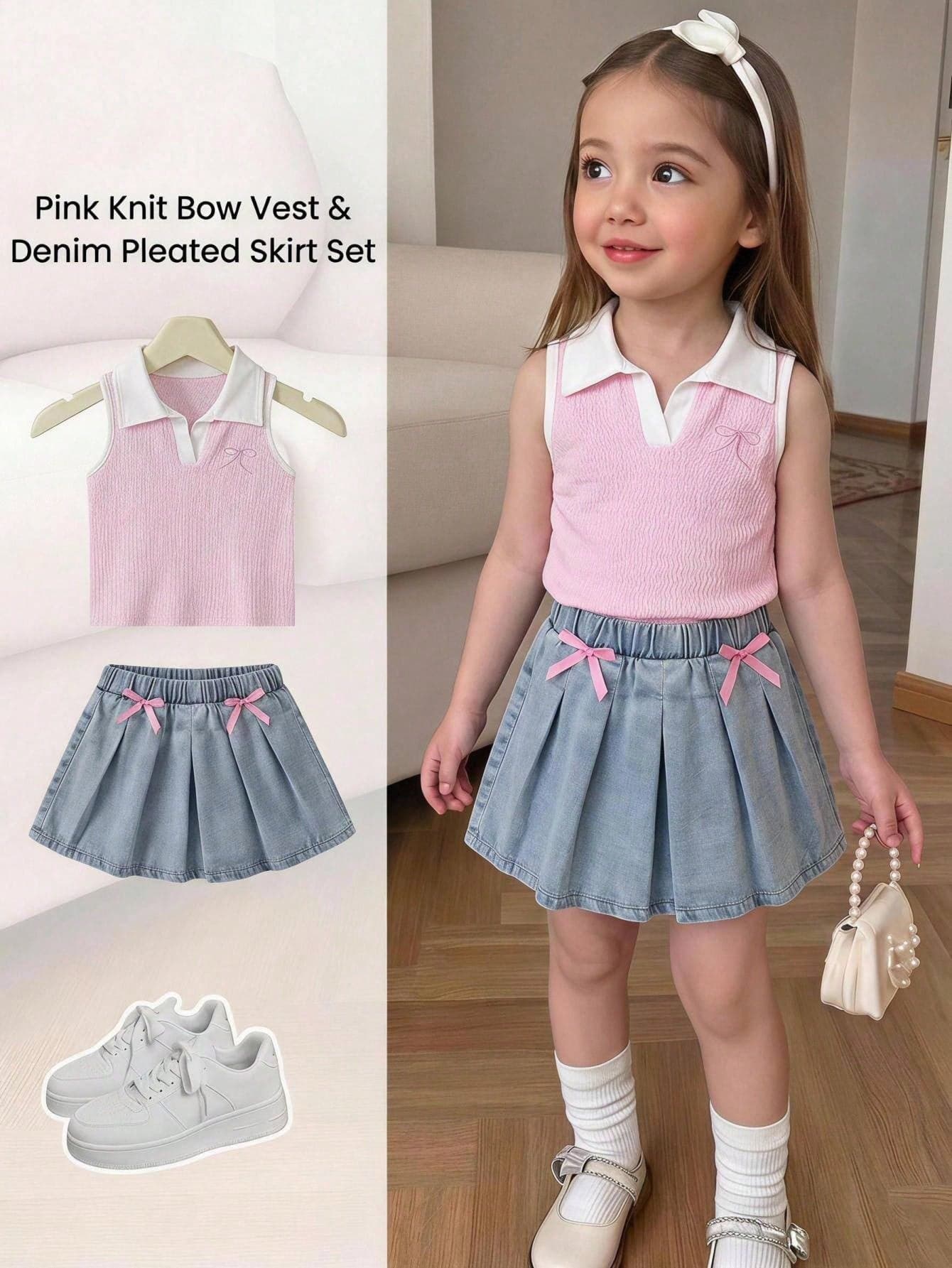 SHEIN Playful Pals Young Girls Tank Top Set Summer Baby Blue V-Neck Bow Embroidery Paired With Vintage Denim Elastic Waist Design 3D Bow On Waistband Slim Fit Set