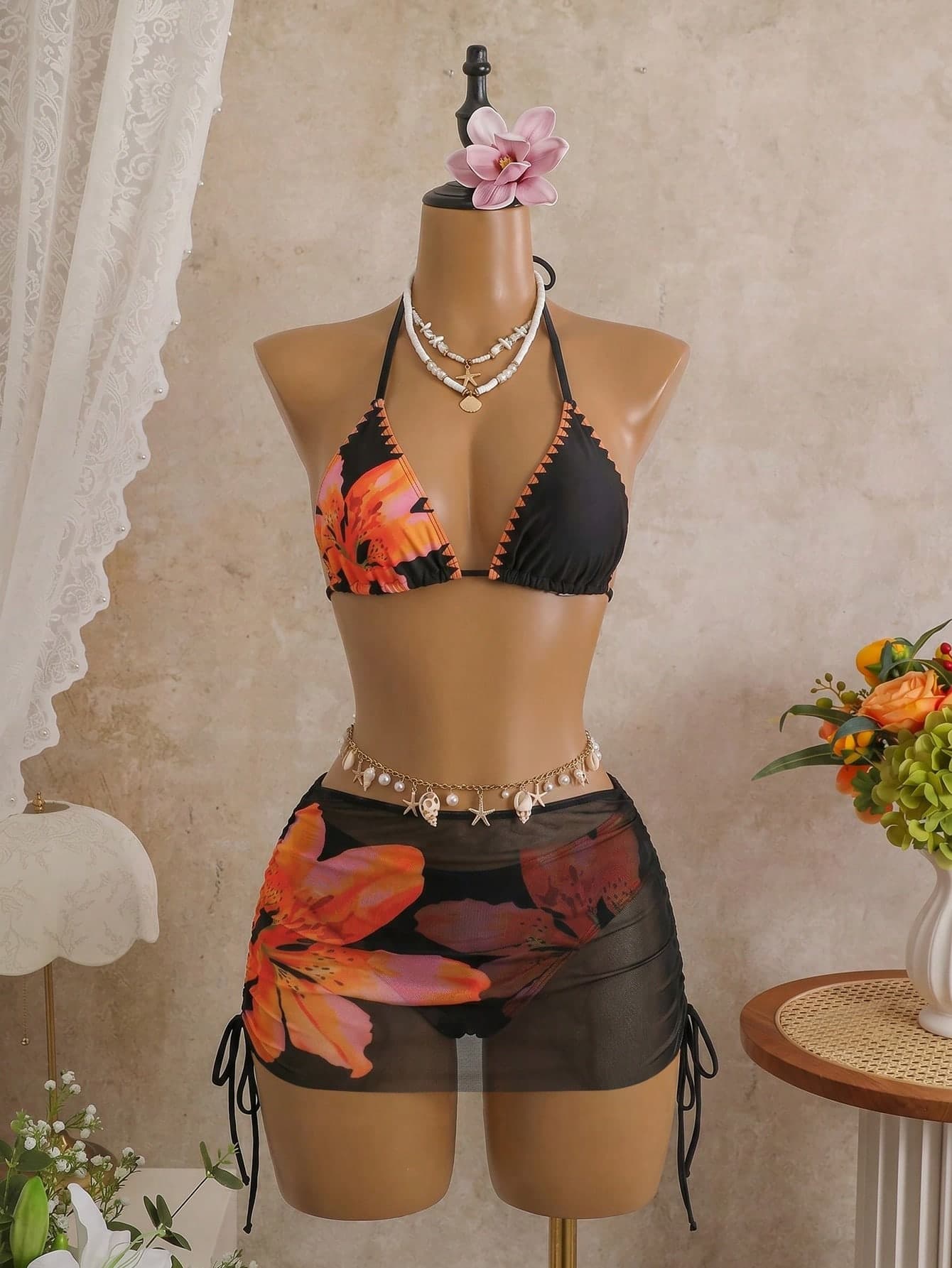 Bellisia 3pcs/Set Women Sexy Leopard Print Halter Neck Triangle Cup Mesh Sarong Bikini Swimwear