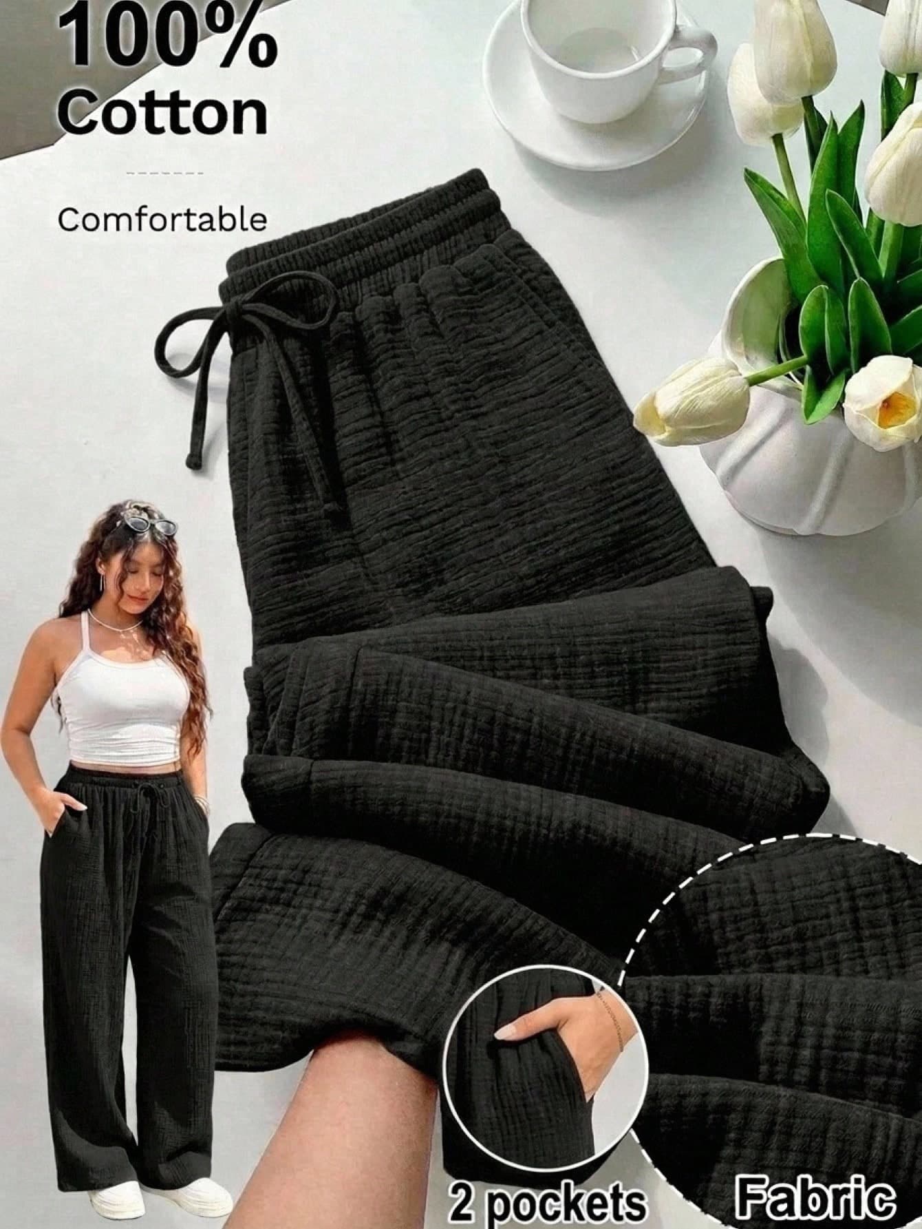 GalTyme Plus Size Casual Solid Color Textured Fabric Pants