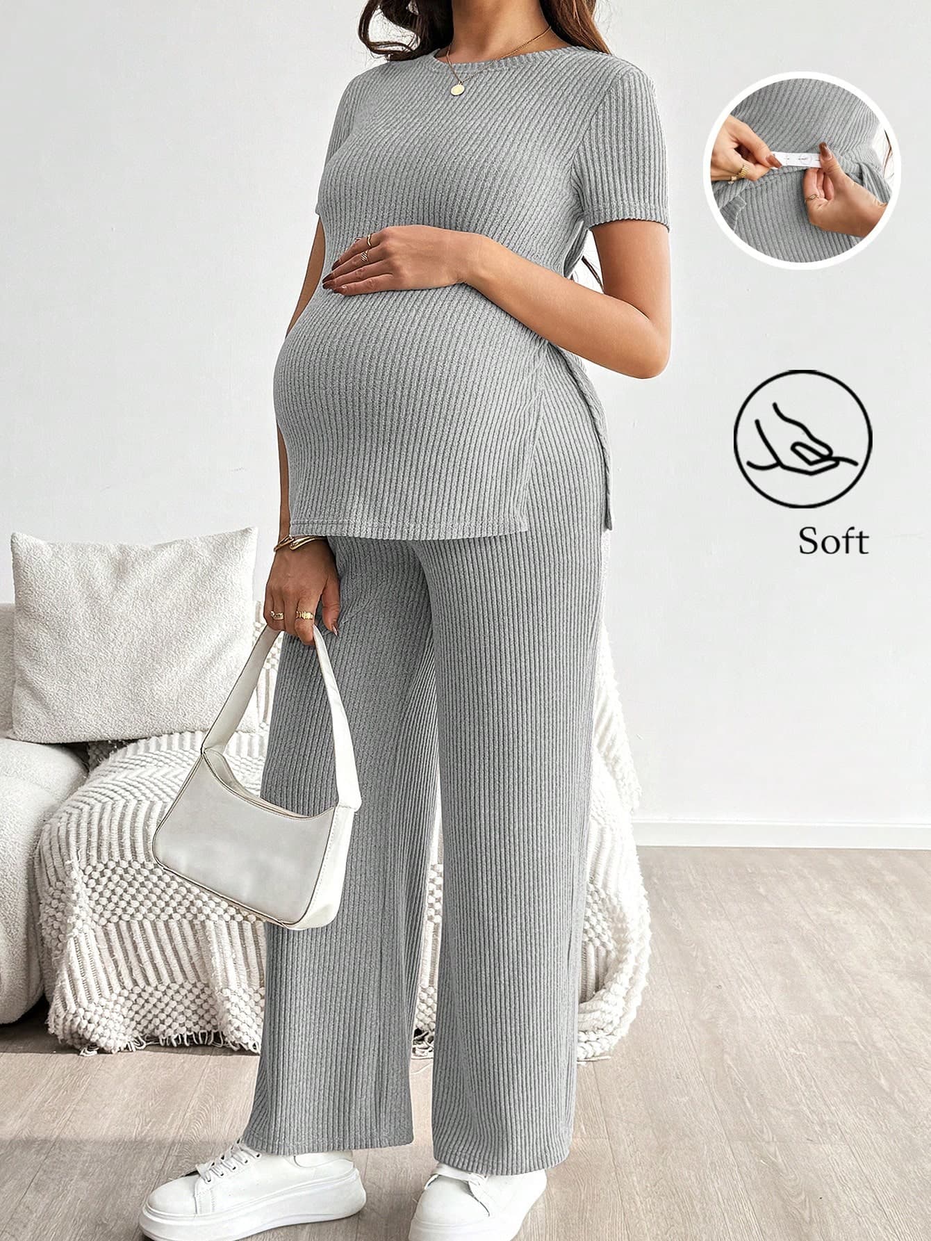 SHEIN Maternity Solid Color Ribbed Side Slit Hem T-Shirt And Adjustable Waist Pants Casual 2 Pieces Set