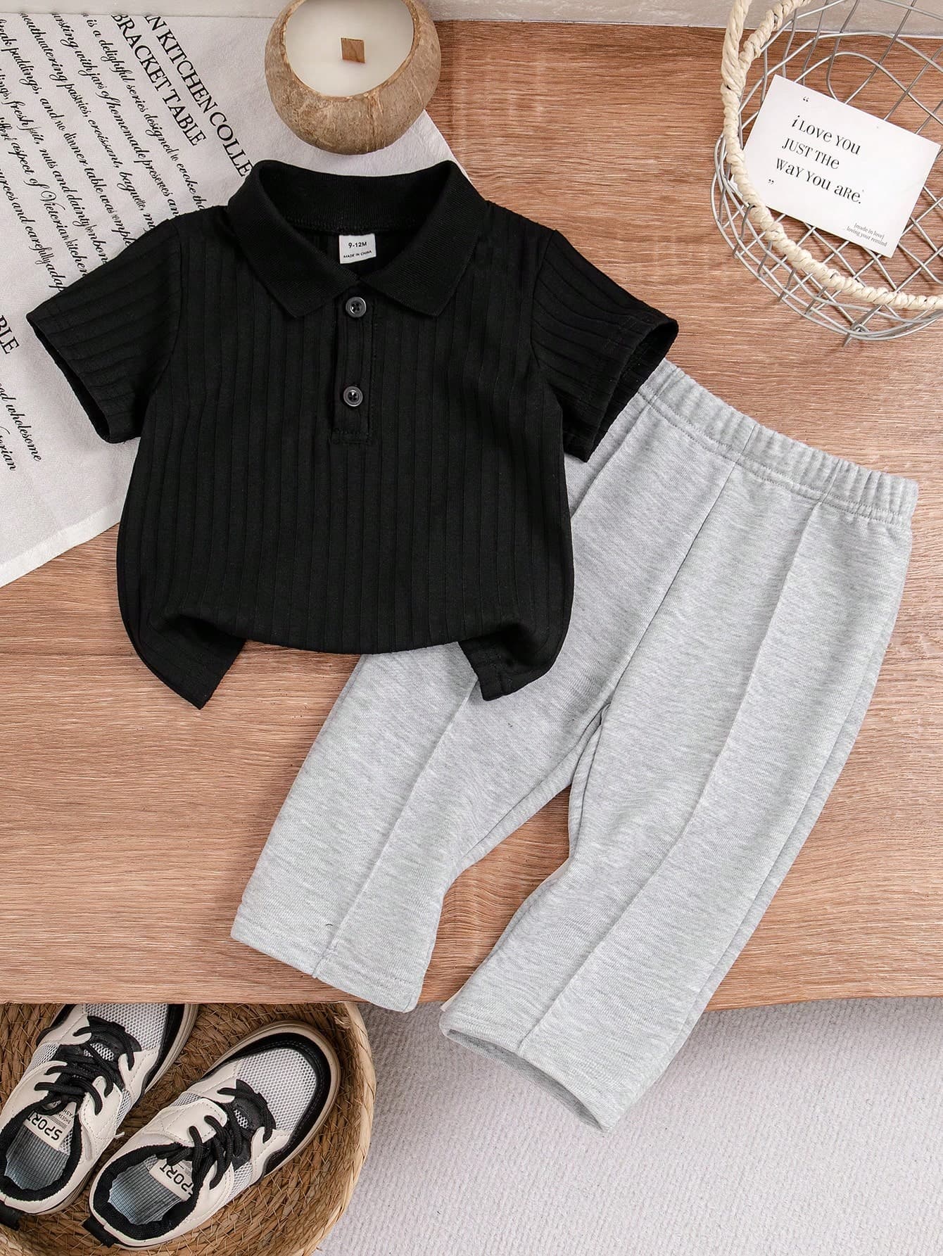 SHEIN Vintaside Kids Babyboy Infant Summer Turn-Down Collar Short Sleeve Simple Fashion Casual Top With Cute Versatile Casual Long Pants Set, Suitable For Outings, Park Walks, Daily Casual Wear, Travel And More