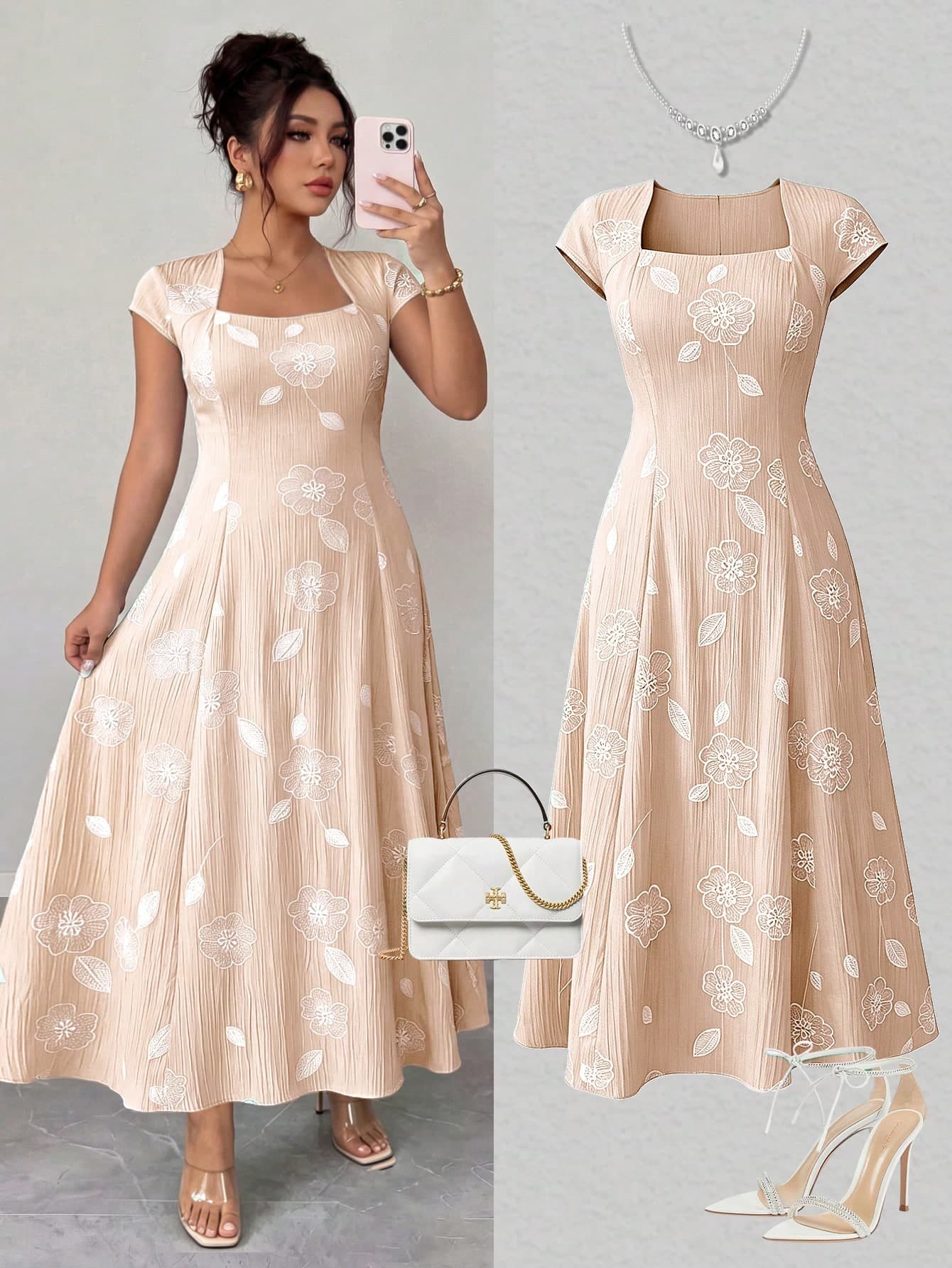 Elenzga Plus Size Textured Vertical Striped Drip Glue Woven Fabric Puff Sleeve Square Neck Cinched Waist A-Line Full Skirt Spring Summer Dress Elegant Commute Vacation Shopping Party Date Fashion Exquisite Elegant Daily Wear Spring Summer Dress