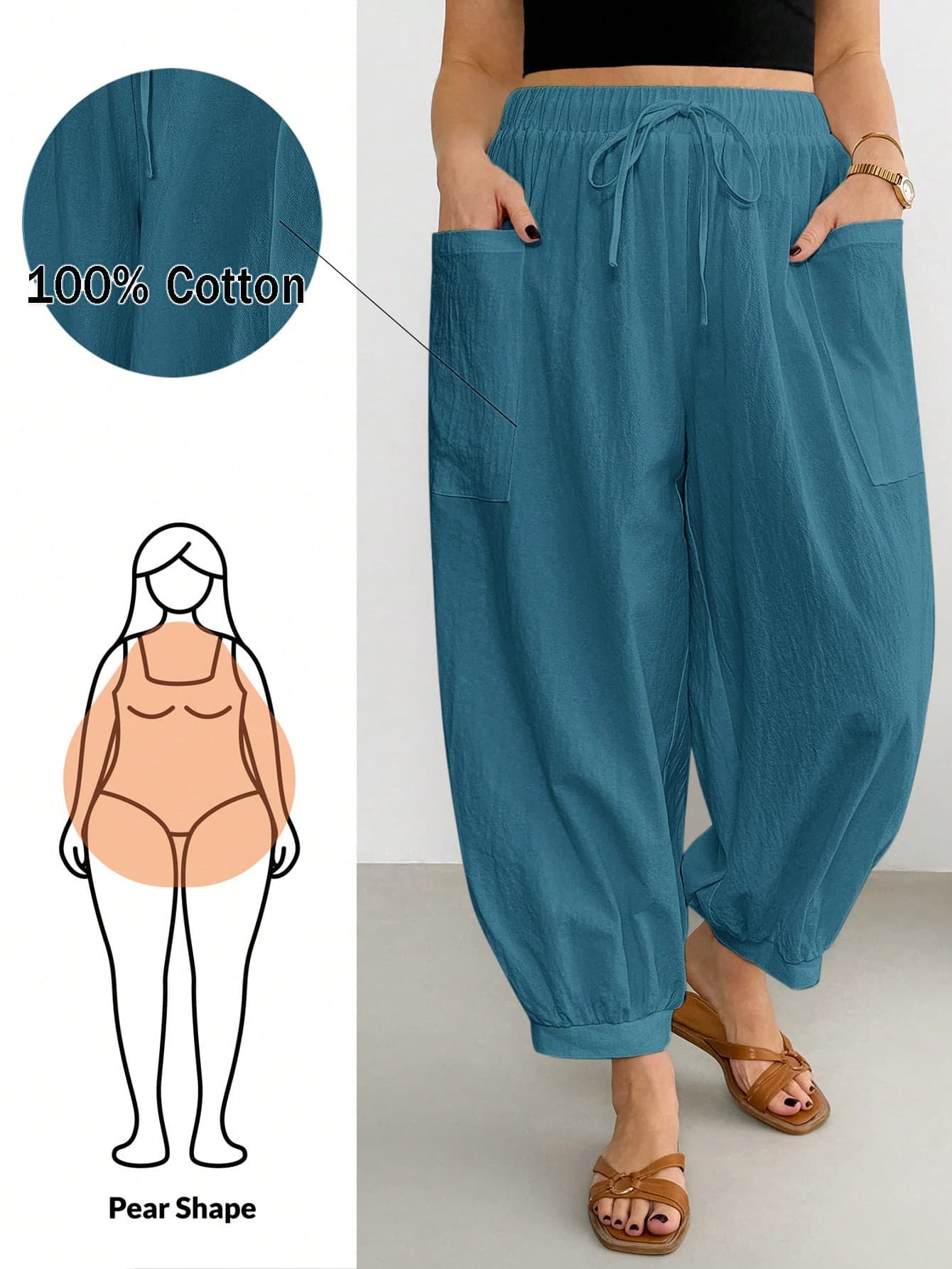 Shapeblank Plus Size Women's Solid Color Waist Tie Pocket Tapered Pants Formal Vacation Powder Blue Summer Casual