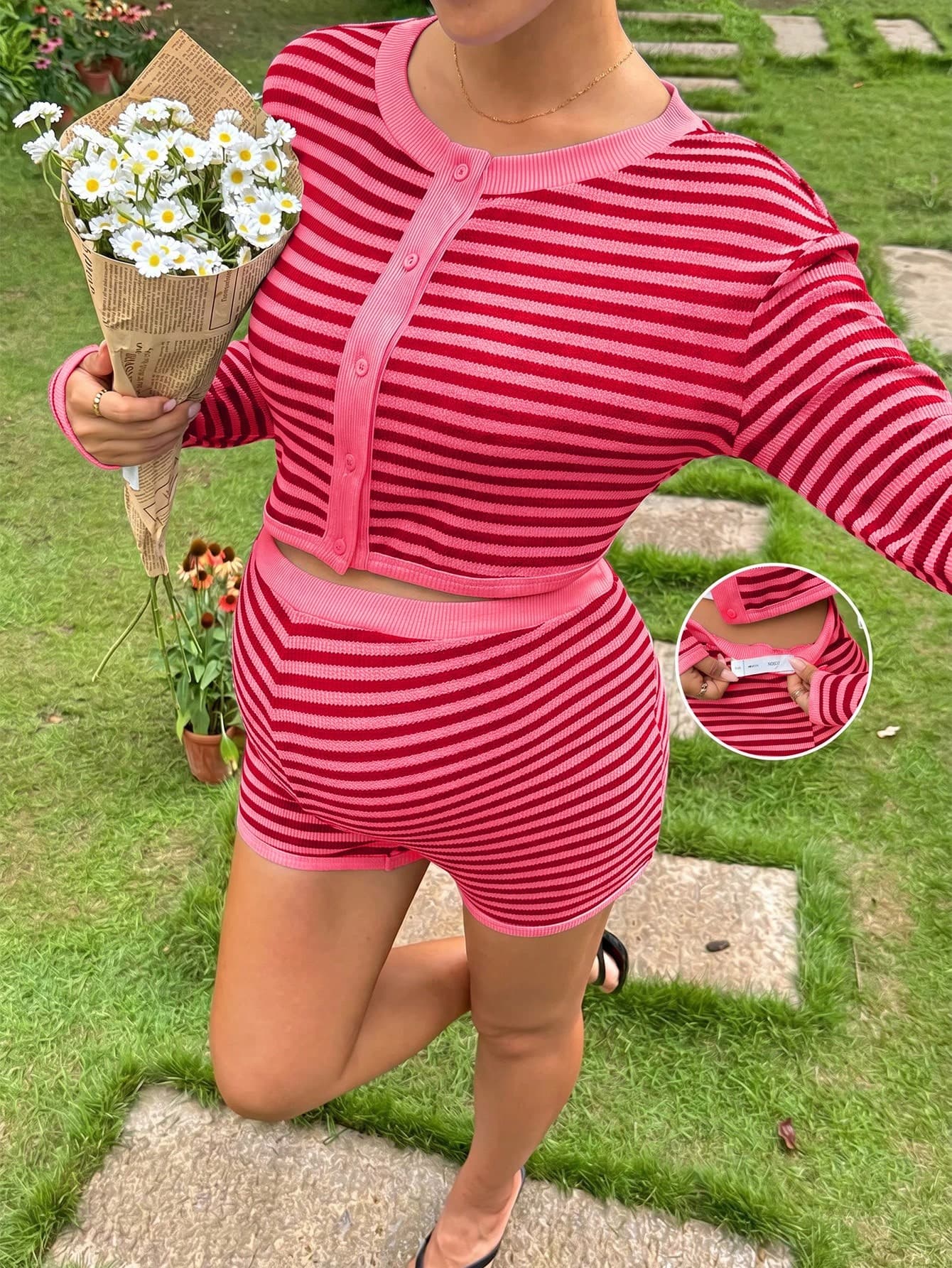 SHEIN Maternity Striped Cropped Top And Shorts 2 Pieces Set Fall