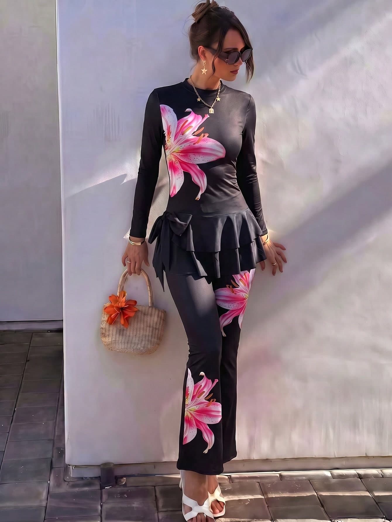 Swim Shayni Spring/Summer New Women 2-Piece Set High Neck Large Floral Print Long Sleeve Tie-Up Ruffle Hem Dress Wide Leg Long Pants Swimsuit Set Middle East Beach Cruise Vacation Swimming Sun Protection Casual Beach Swimwear