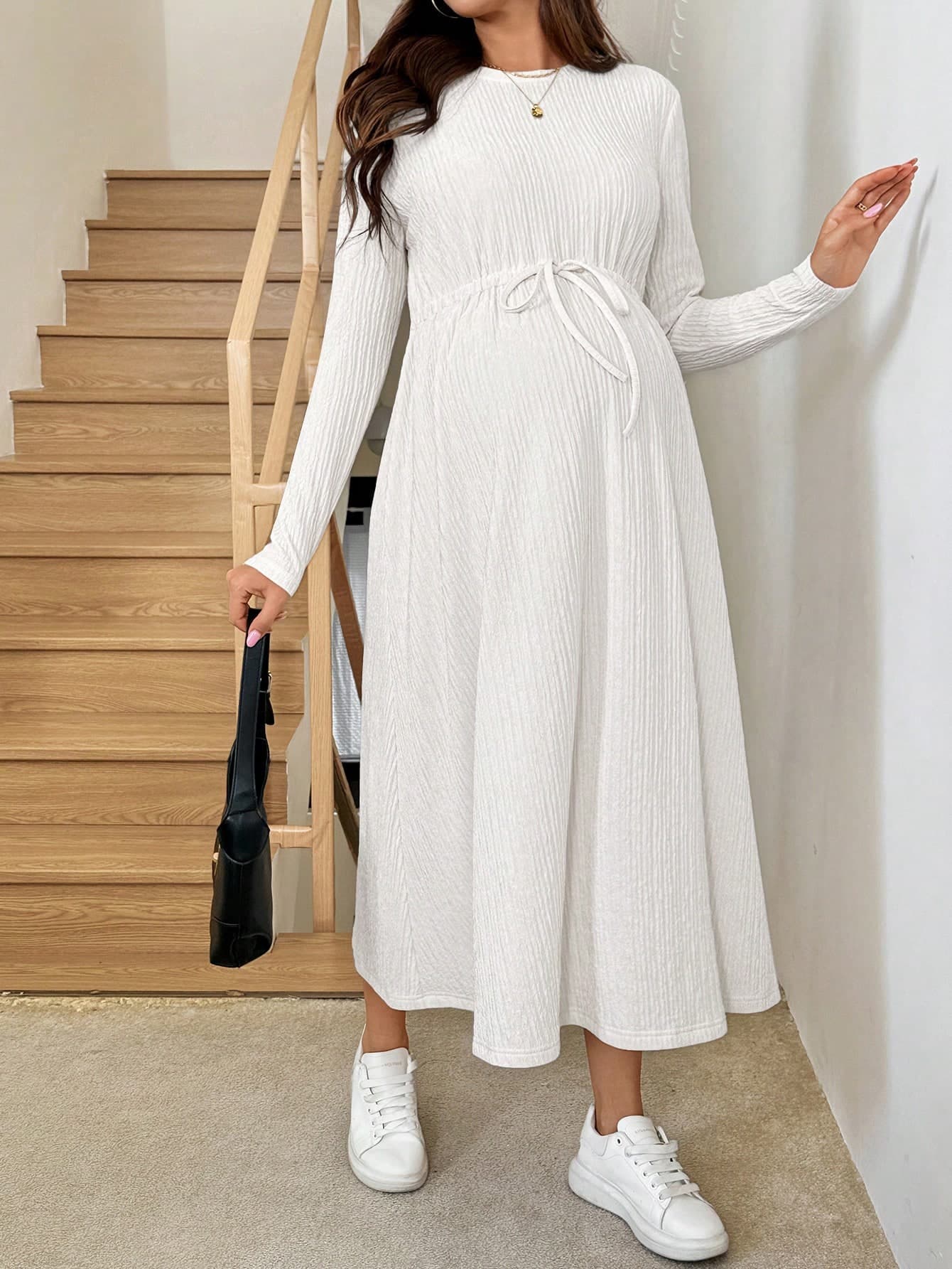 SHEIN Maternity Solid Color Casual Daily Long Sleeve Dress Maternity Photoshoot Summer Fall
