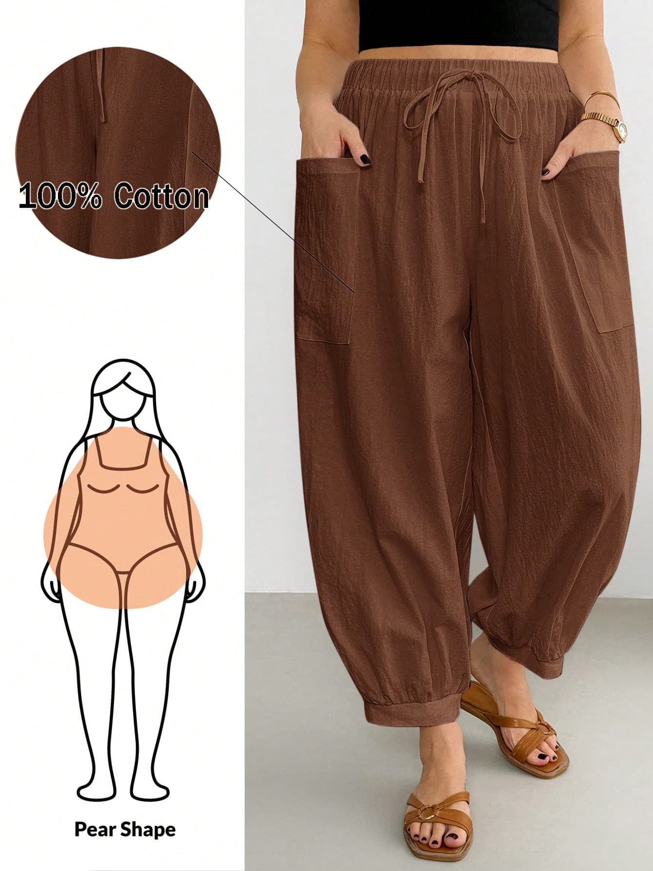Shapeblank Plus Size Women's Solid Color Drawstring Waist Casual Versatile Daily Wear Long Pants Formal Vacation Chocolate Brown Summer